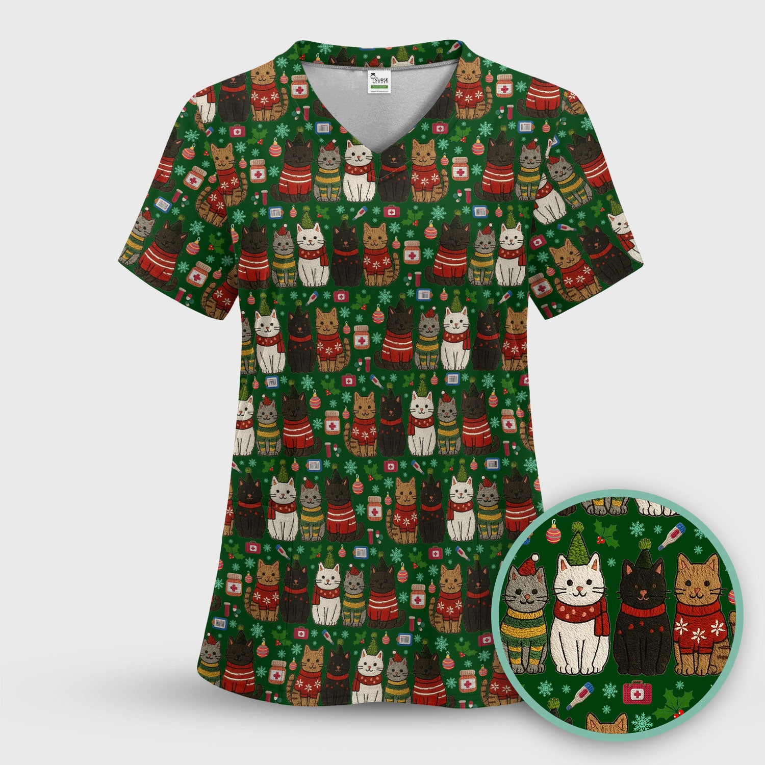 Christmas Cat Scrub Top, Funny Holiday Nurse Shirt, Festive Medical Uniform For Women RN LPN CNA Gift