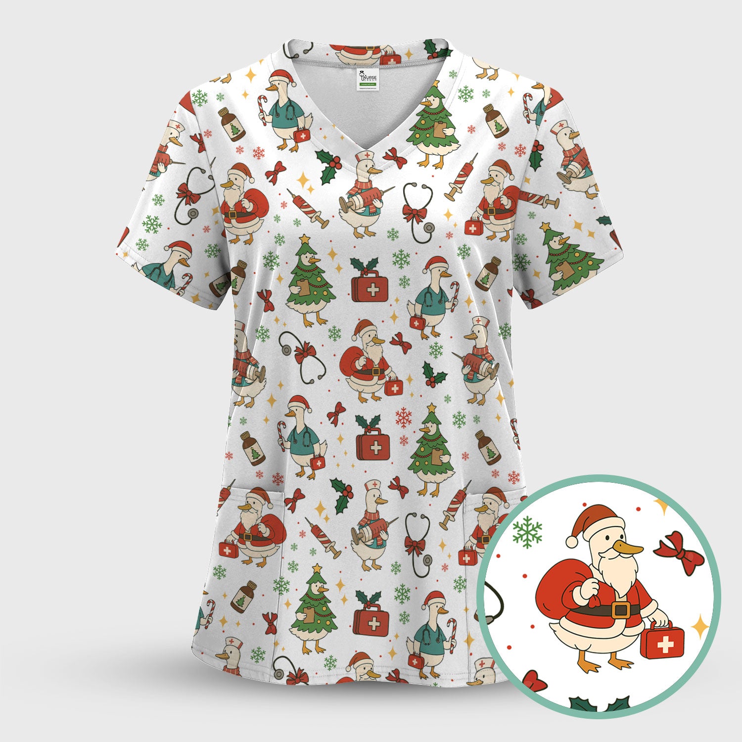 Christmas Duck Nurse Scrub Top for Women - Cute Santa Claus Pattern - Funny Holiday Nursing Shirt Gift for RN LPN CNA