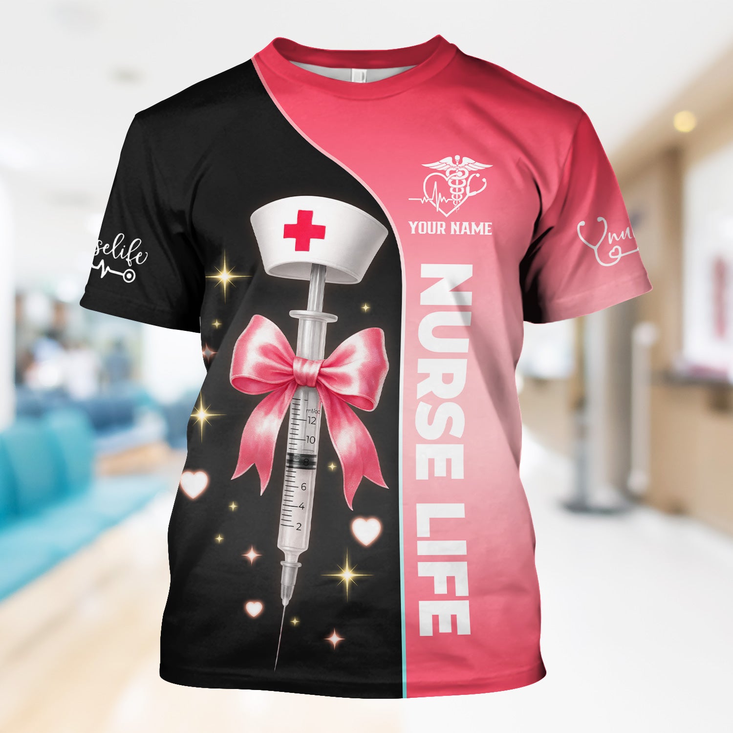 Personalized Nurse Life Scrubs for Women RN LPN CNA - Cute Pink and Black Syringe Bow Design - Funny Medical Quote Gift for Healthcare Workers in Nursing Field