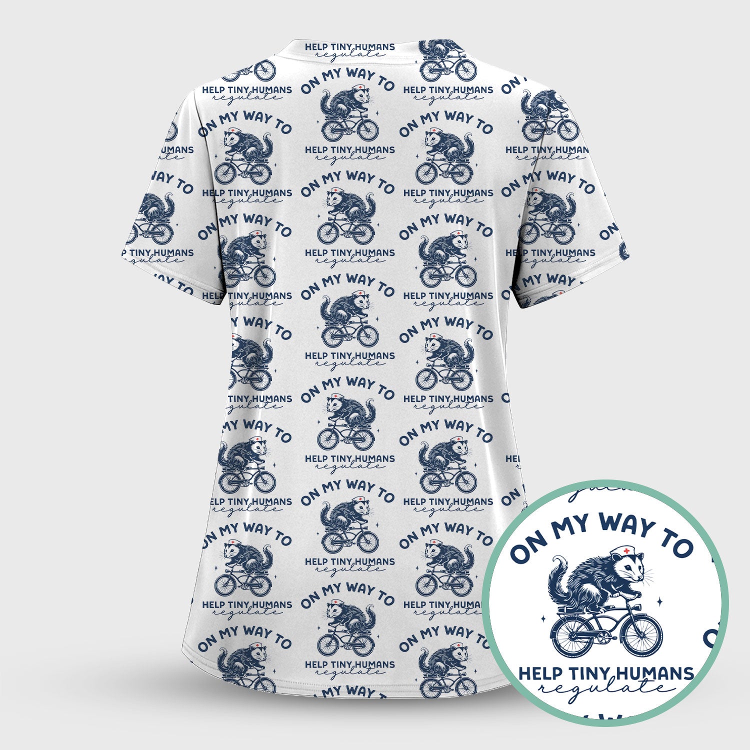 Featuring Biking Opossum With Funny Quote Print Scrub Top, Breathable Fabrics Nursing Uniform