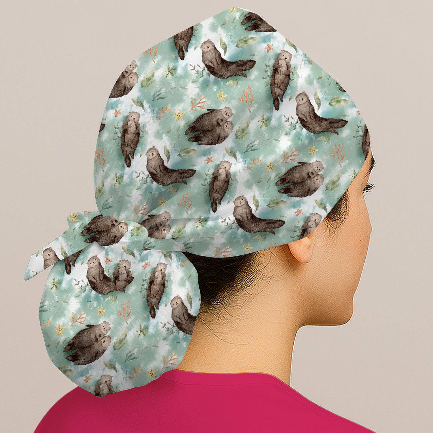 Cute Sea Otter Watercolor Print Scrub Cap, Breathable Fabrics Caps Uniform