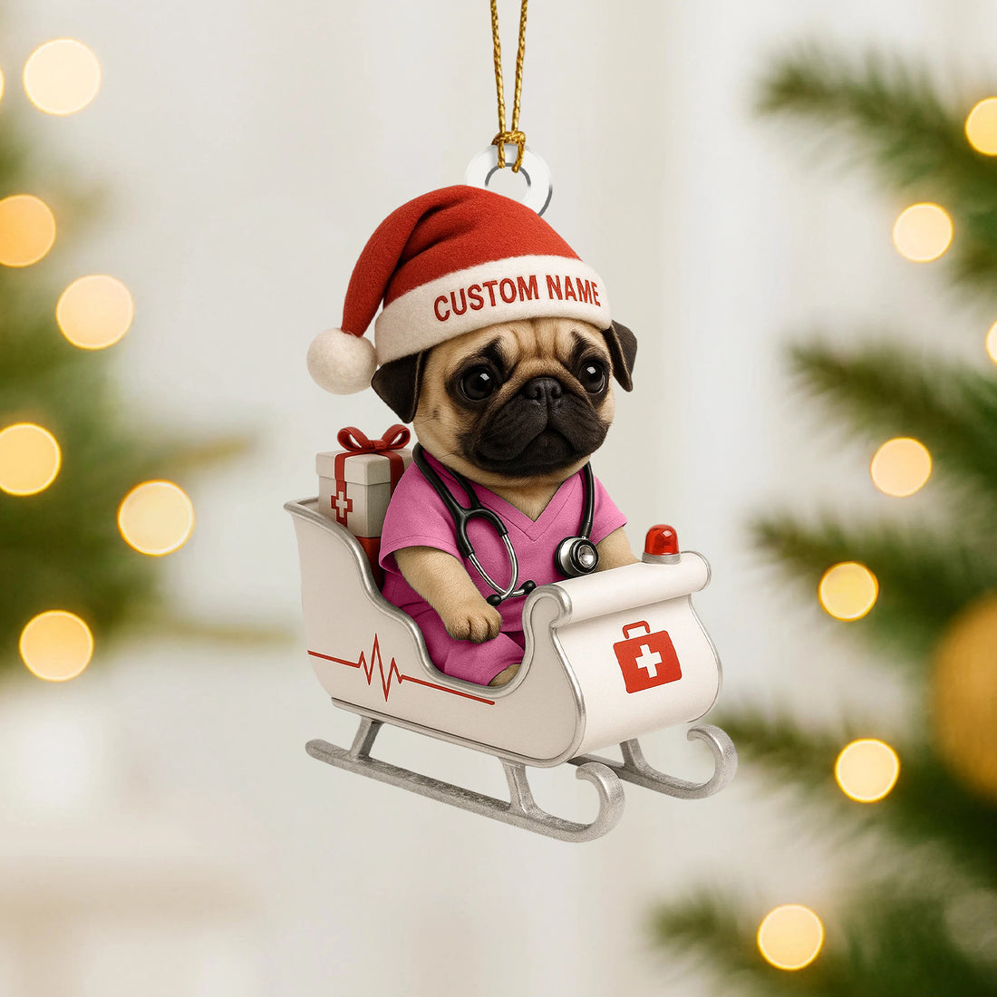 Personalized Nurse Pug Christmas Ornament – Custom Name Dog Doctor Sleigh Decor – Cute Medical Puppy Holiday Tree Ornament for Pet Lovers & Healthcare Workers