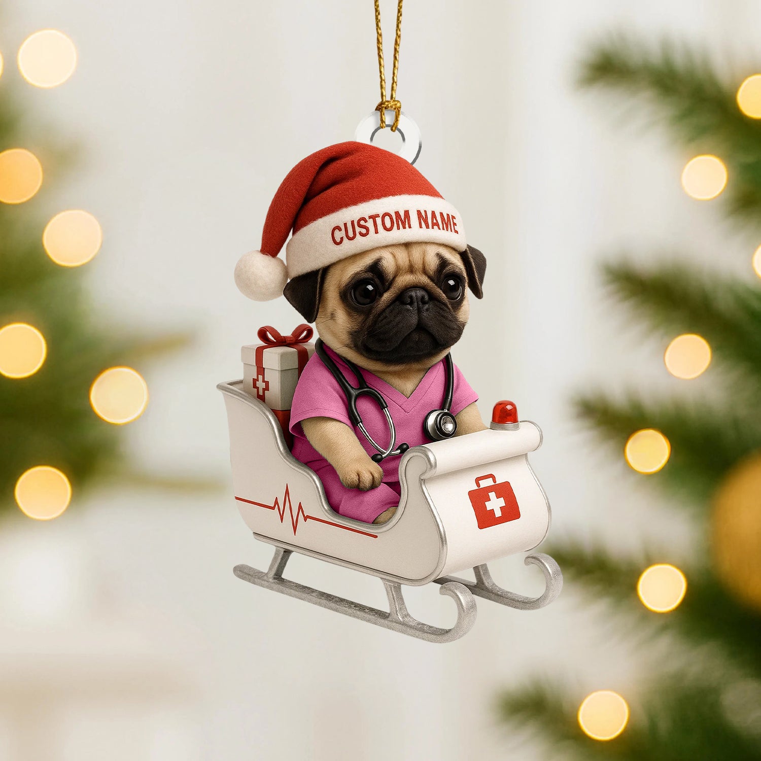Personalized Nurse Pug Christmas Ornament – Custom Name Dog Doctor Sleigh Decor – Cute Medical Puppy Holiday Tree Ornament for Pet Lovers & Healthcare Workers