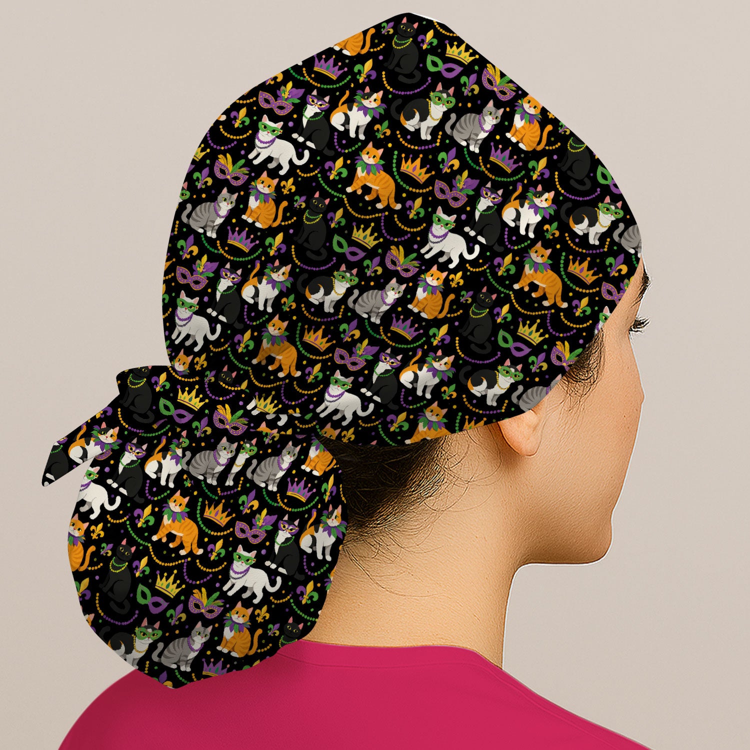 Cat Mardi Gras Nurse Scrub Cap, Comfortable Uniform Scrubs For Nursing