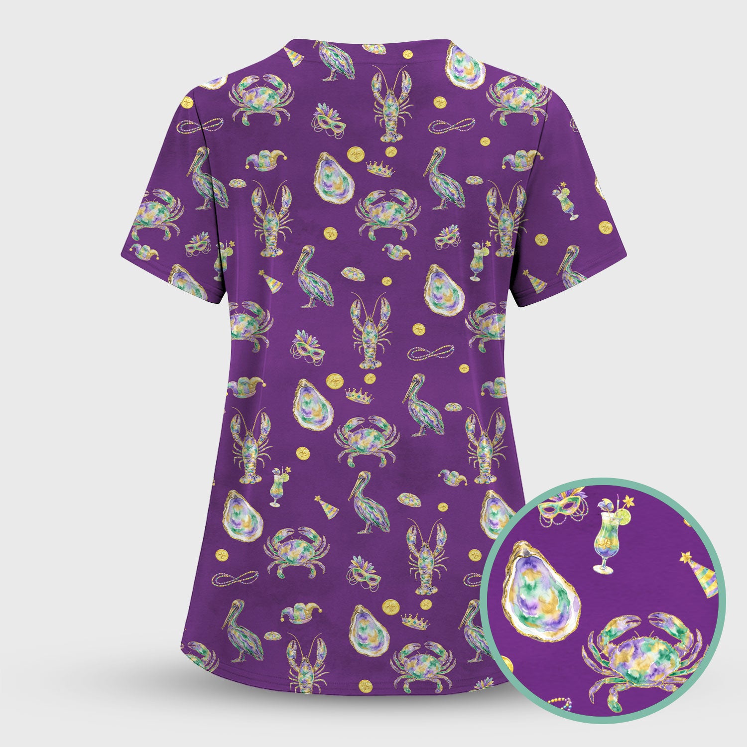 Mardi Gras Seafood Nurse Scrub Set, Comfortable Uniform Scrubs For Nursing