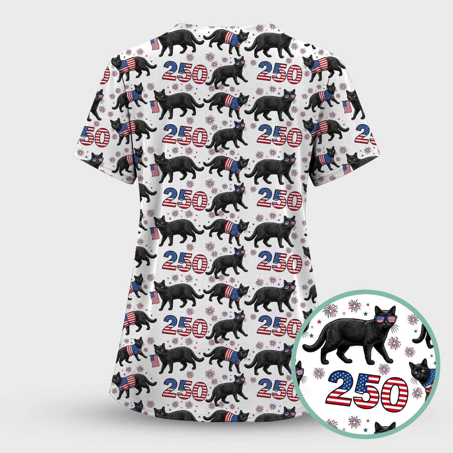 Black Cat 250 USA Flag Fireworks Pattern Scrubs Top, Comfortable Scrubs for Nurses