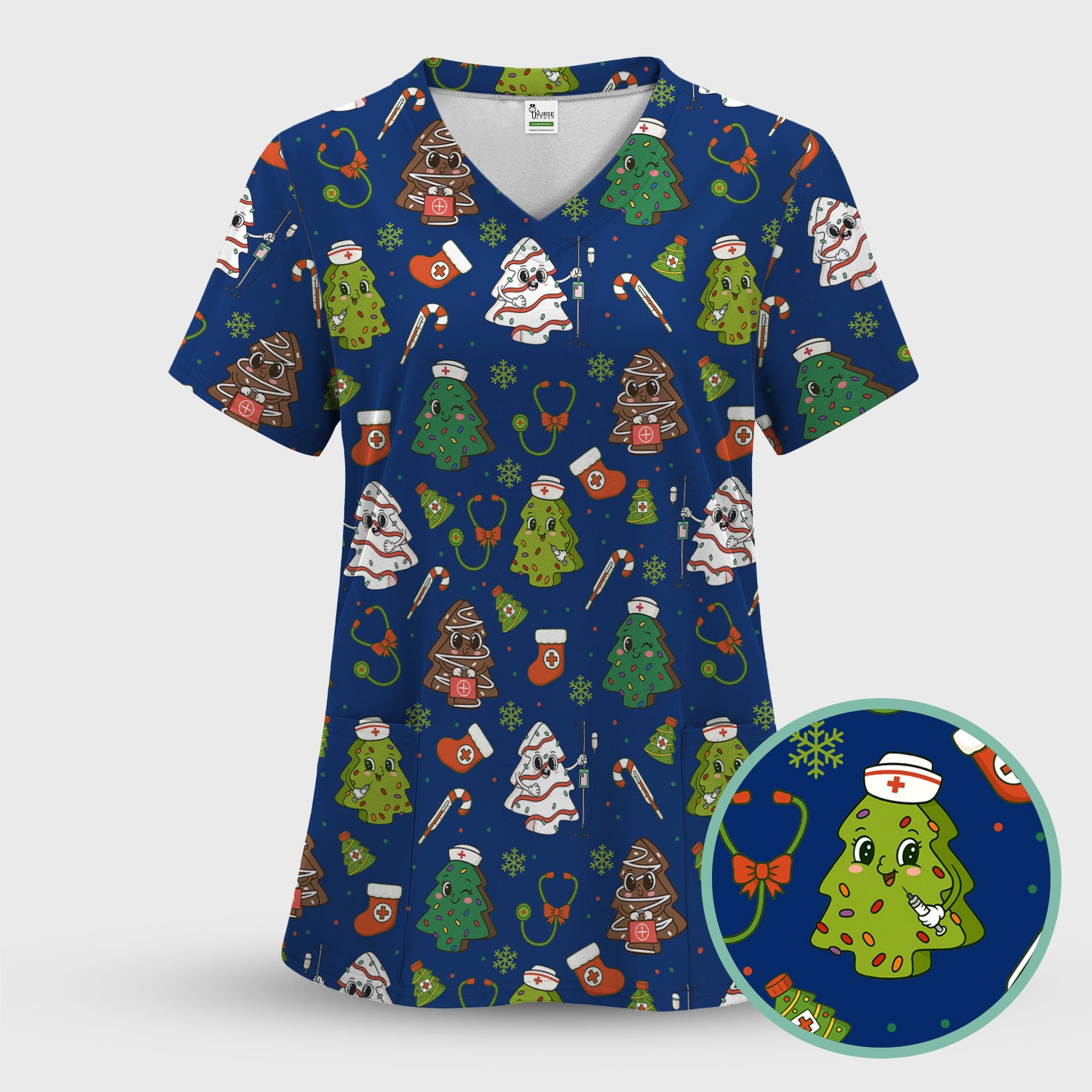 Funny Christmas Nurse Scrub Top - Adorable Tree Pattern Holiday Shirt - Cute Gift for Women RN LPN CNA