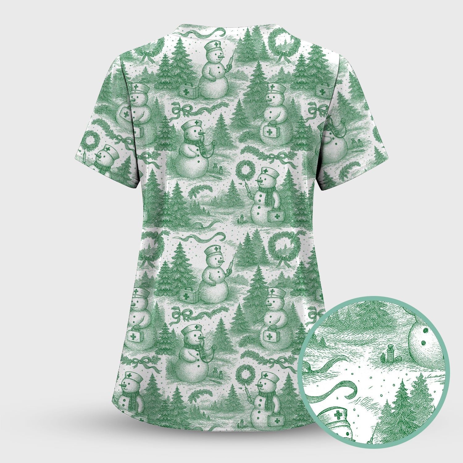 Christmas Scrub Top for Women – Toile de Jouy Snowman and Medical Pattern – Vintage Holiday Nurse Scrubs for Festive Season