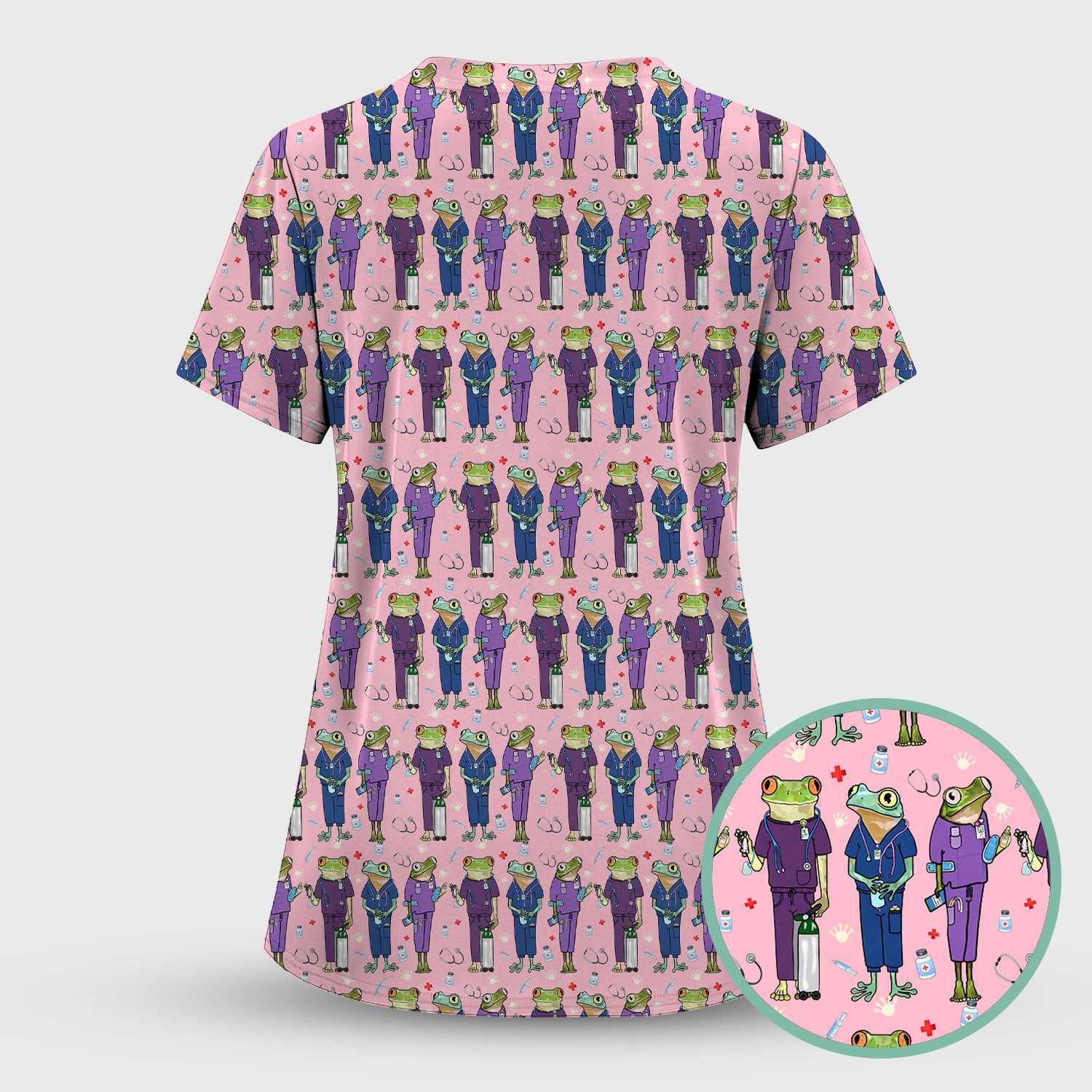 Funny Frog Nurse Pattern Scrub Set, Scrub Pants and V Neck Top