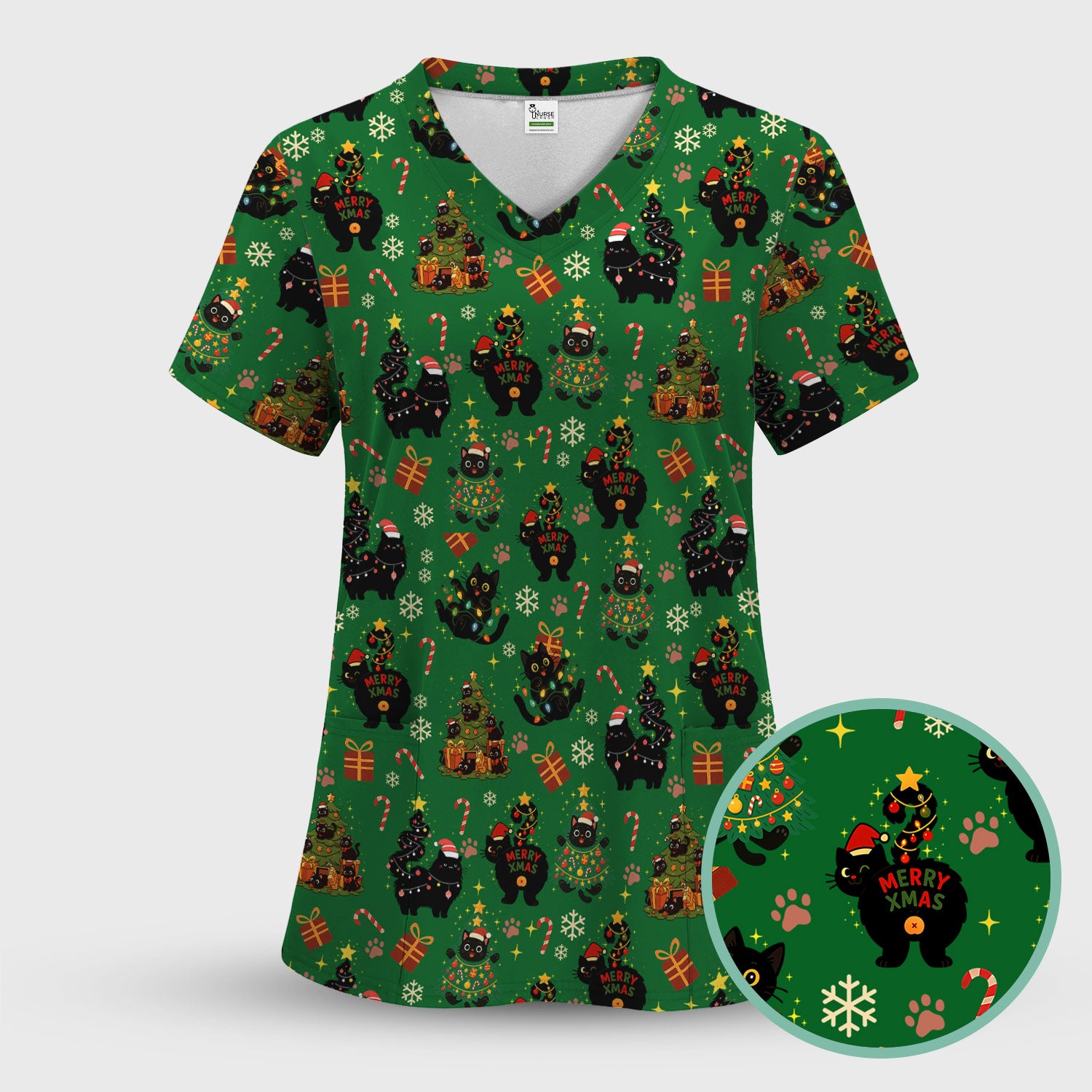 Funny Cat Print Nurse Scrub Top - Christmas Medical Shirt for Women & Men - Cute Holiday Gift Idea for RN CNA Doctor Scrubs