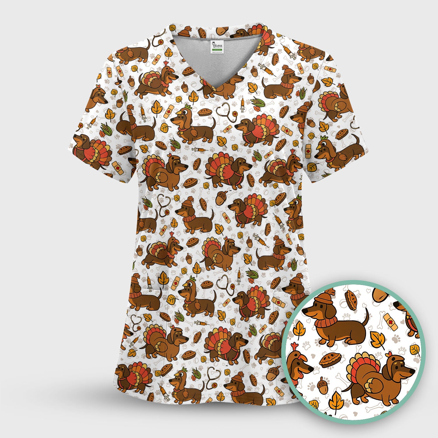 Thanksgiving Dachshund Scrubs Top - Cute Dog Turkey Medical Uniform Shirt for Nurses - Funny Holiday Gift