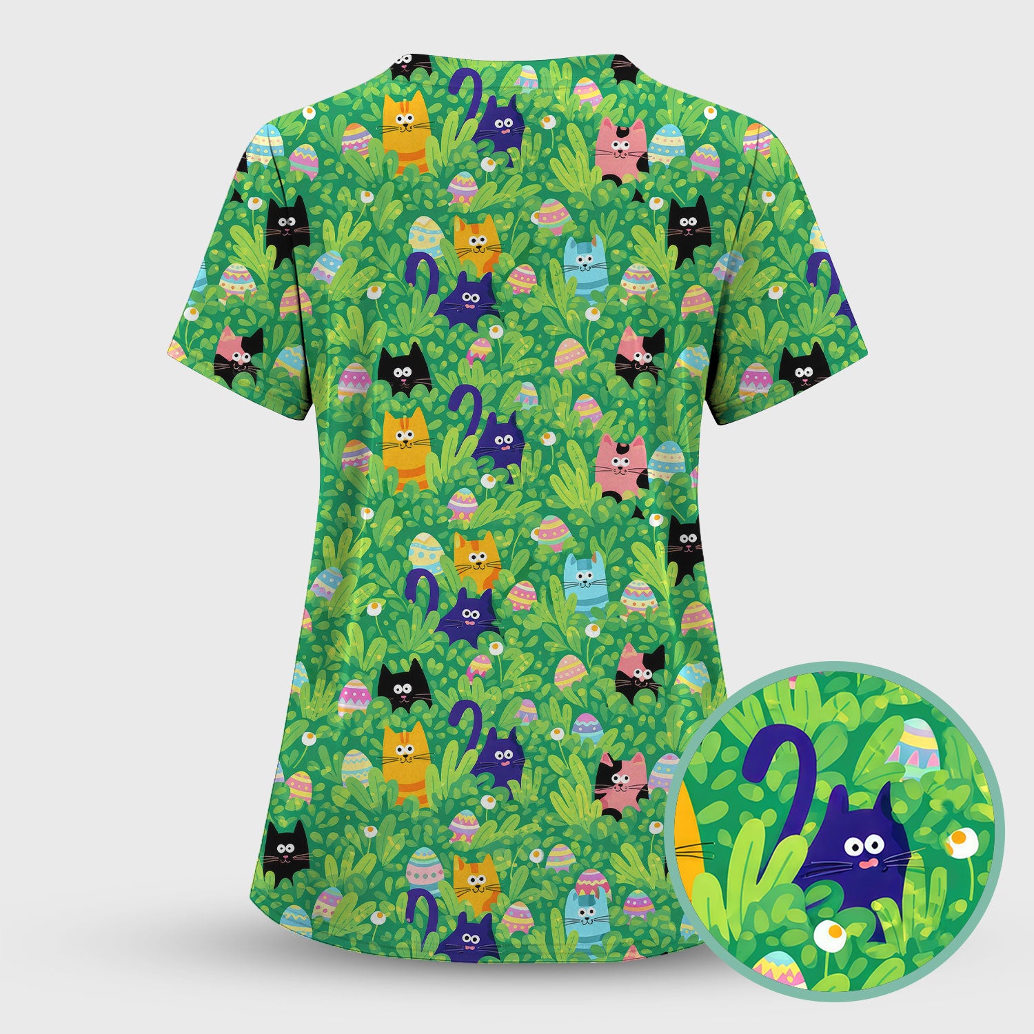 Colorful Easter Cats Green Leaves Print Scrub Sets, Scrub Pants and V Neck Top