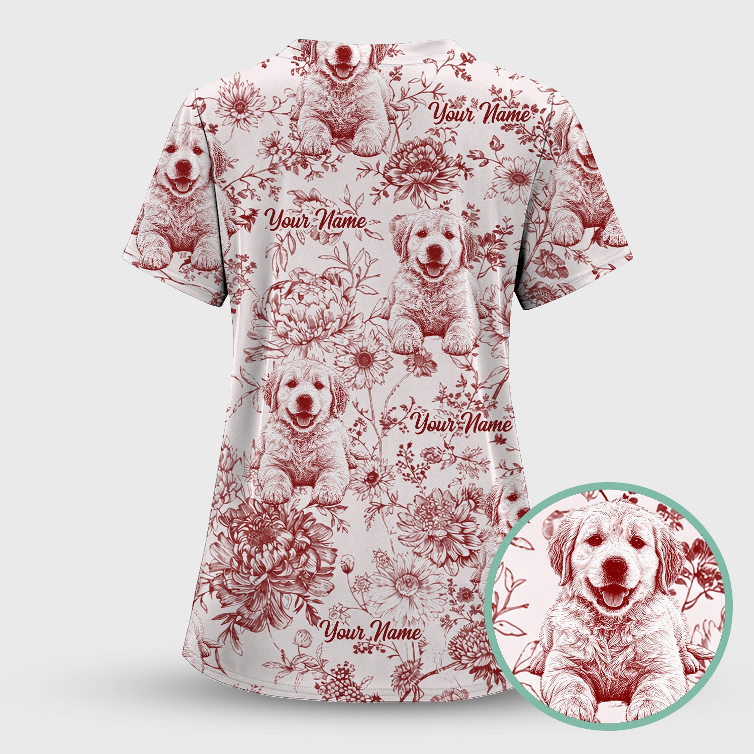 Personalized Custom Pet Photo Name Floral Pattern Scrub Top, Breathable Fabrics Nursing Uniform