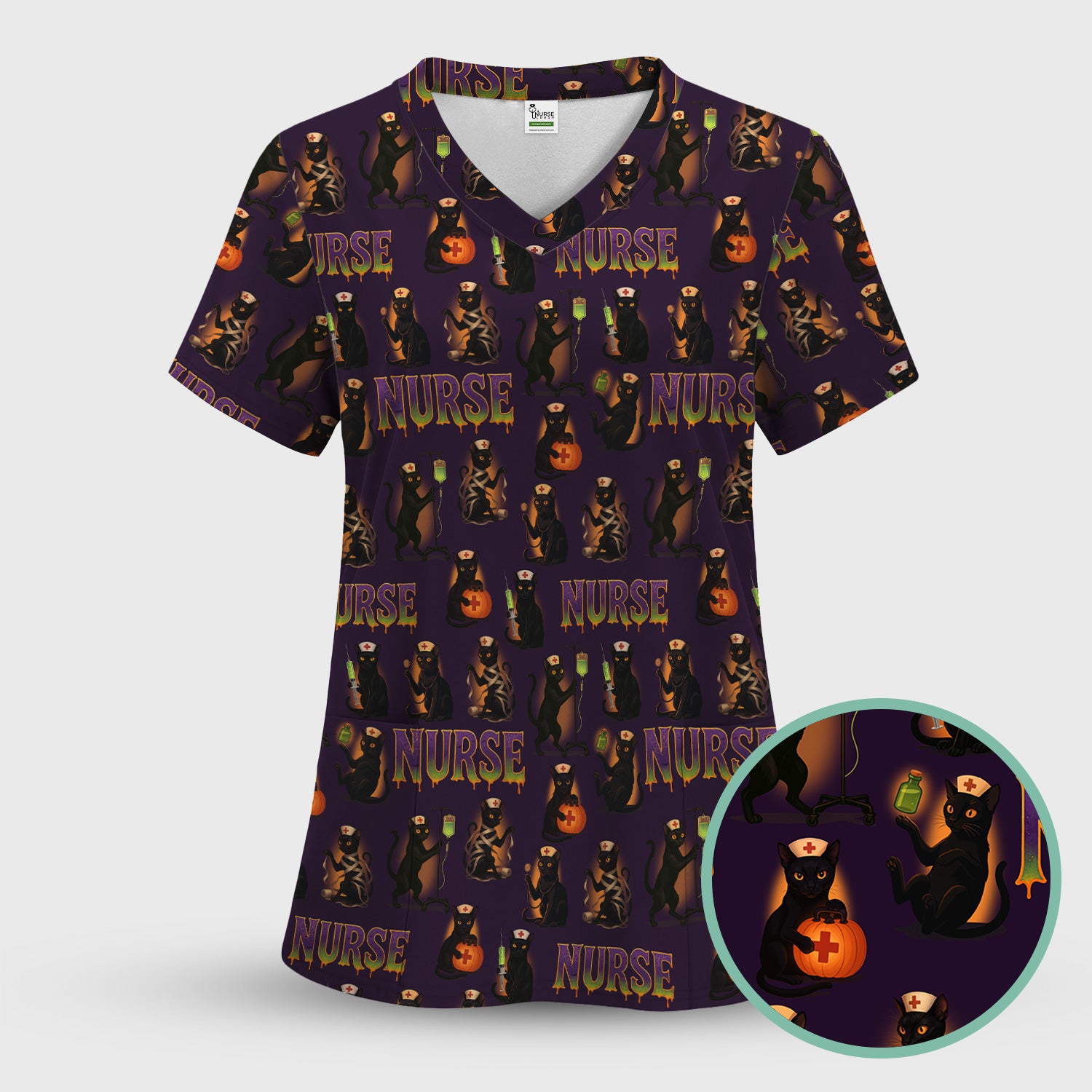 Halloween Nurse Scrub Top for Women - Cute Black Cat and Pumpkin Medical Design - Spooky Gift for RN LPN CNA