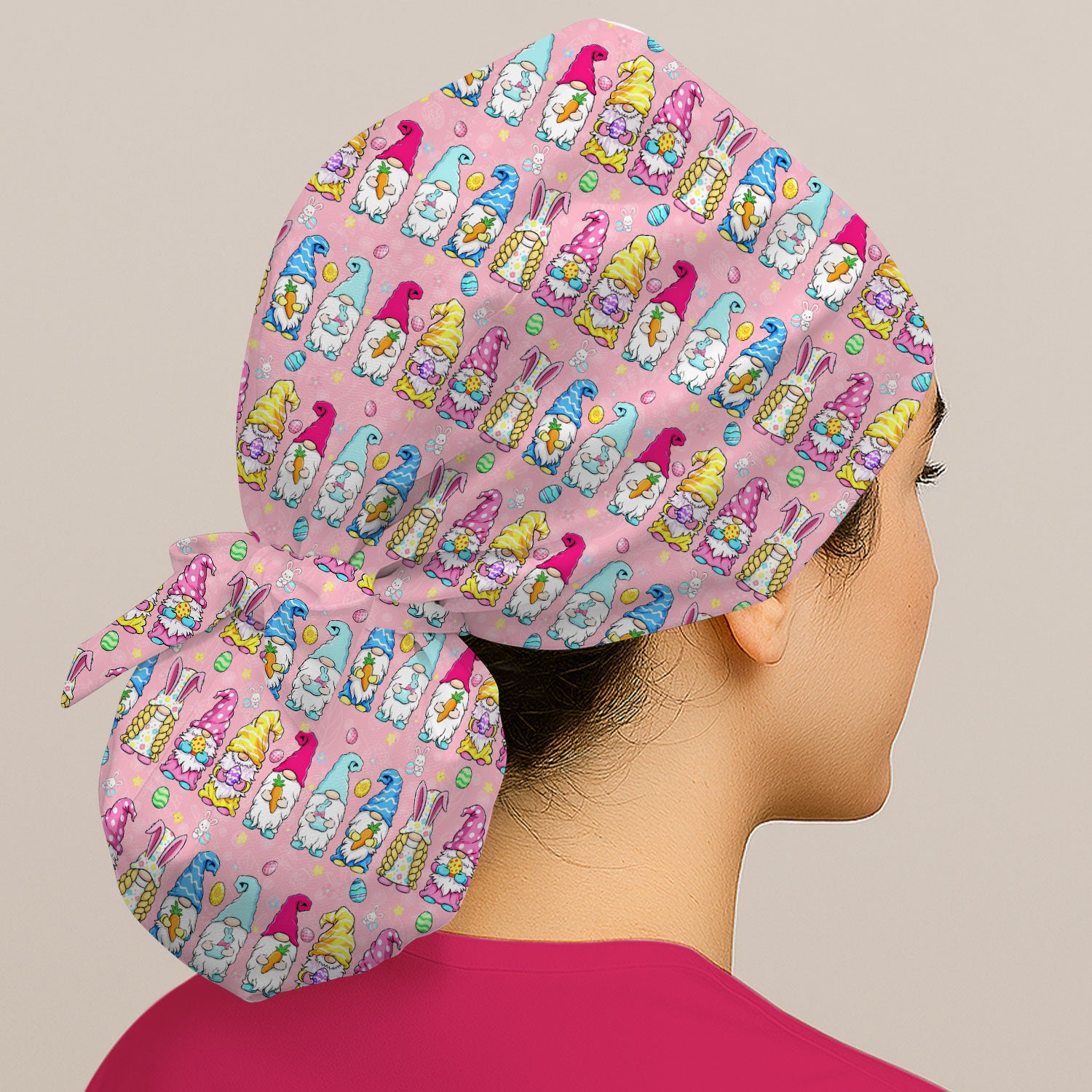 Colorful Easter Gnome Bunny Eggs Pattern Cap, Bouffant Scrub Caps for Women