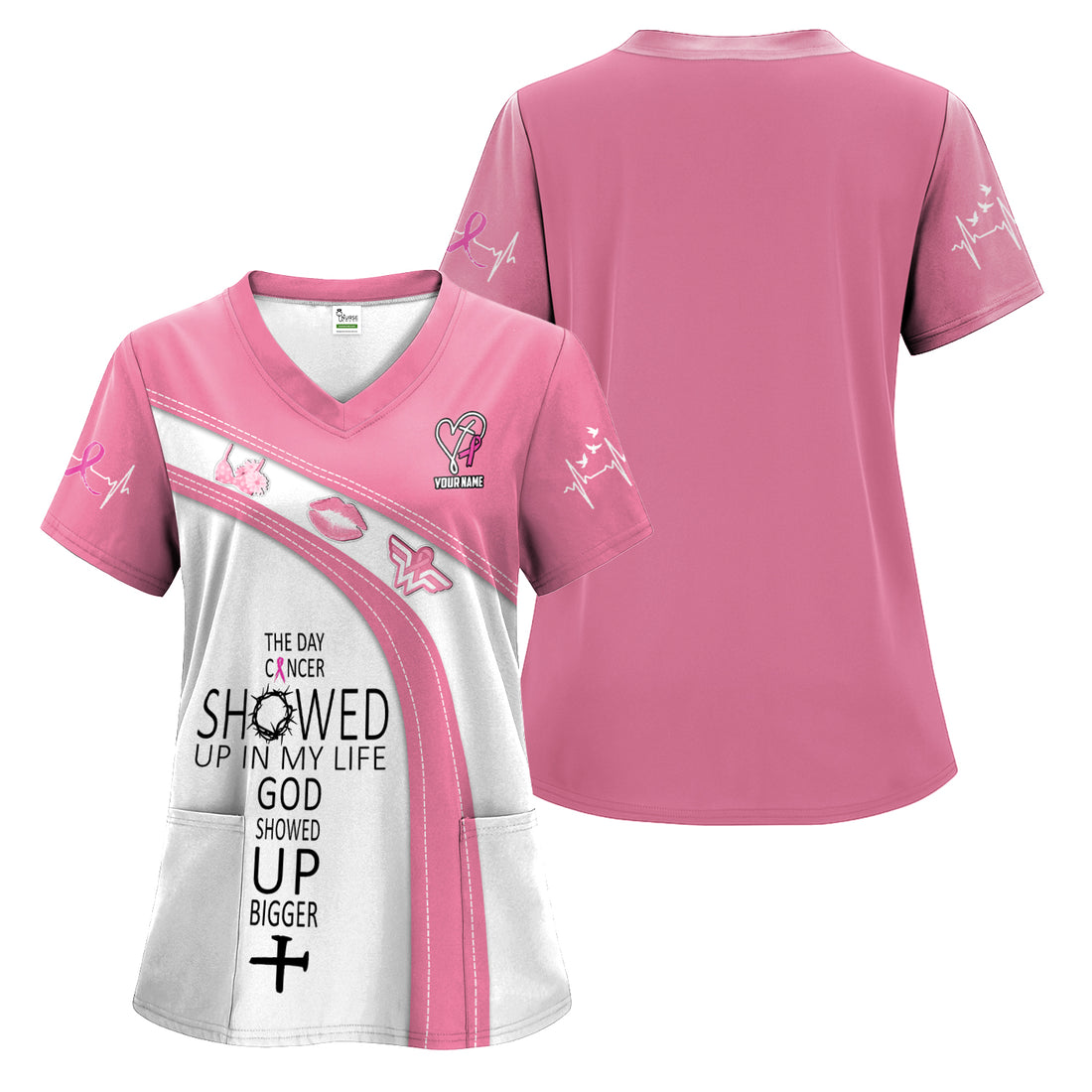 Custom Breast Cancer Awareness Faith Scrub - The Day Cancer Showed Up Quote - Gift for Women RN LPN CNA
