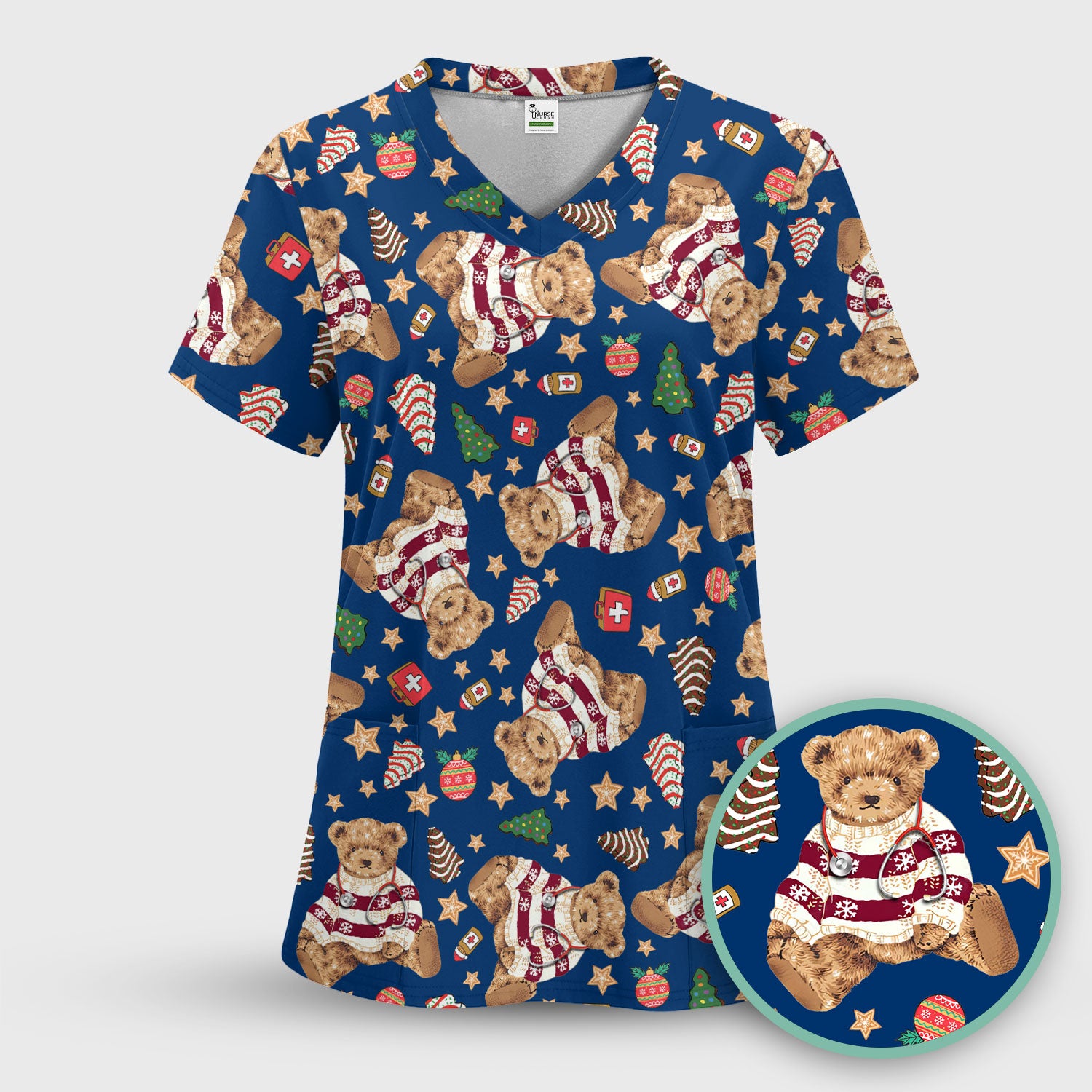 Teddy Bear Christmas Scrub Top - Cute Holiday Medical Pattern with Warm Sweater Bear - Gift for Nurses RN CNA LPN