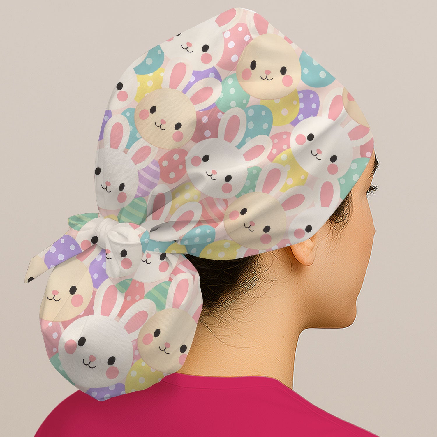 Pastel Bunny Faces Easter Eggs Pattern Caps, Bouffant Scrub Caps for Women