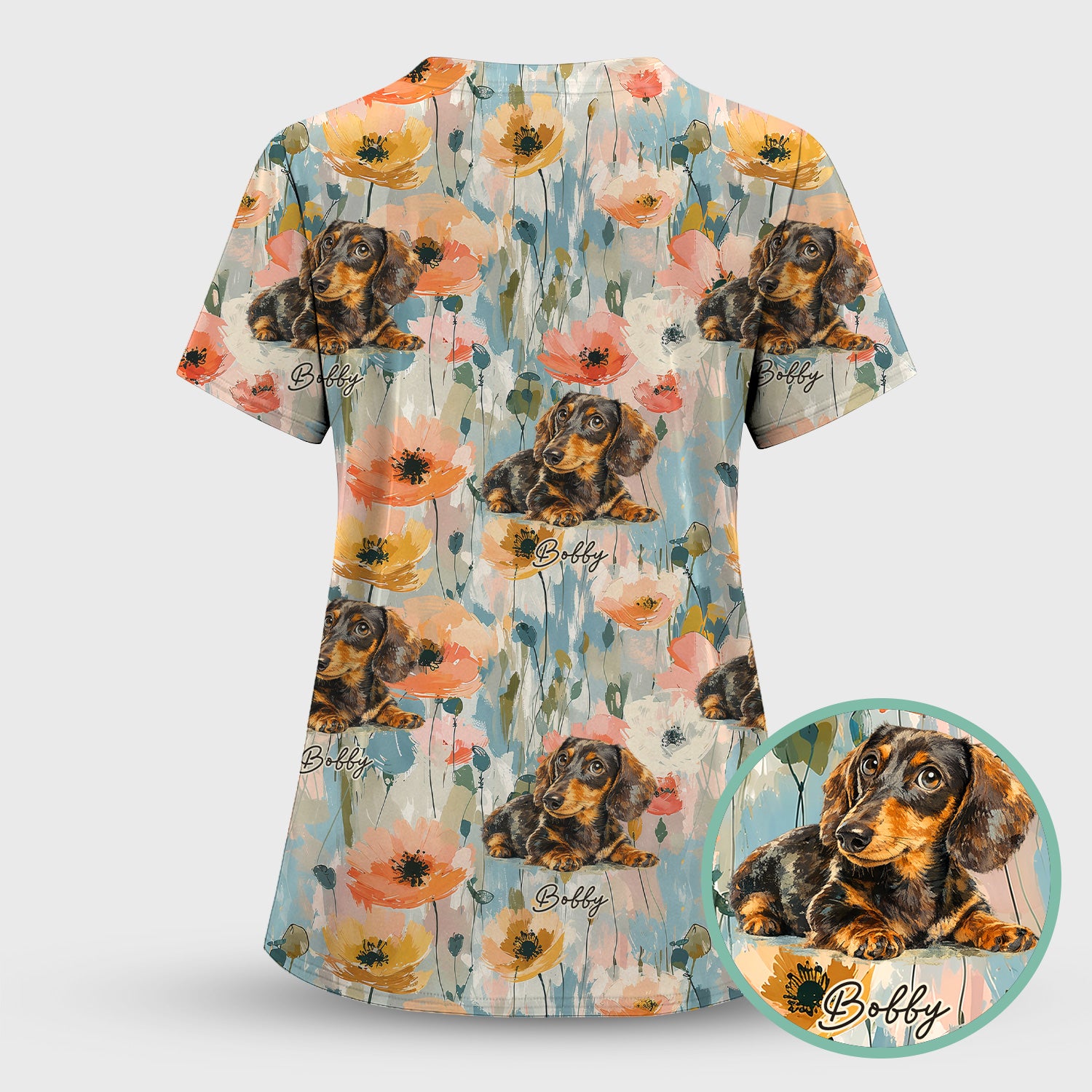 Personalized Dachshund Floral Portrait Pattern Scrub Top, Comfortable Scrubs for Nurses