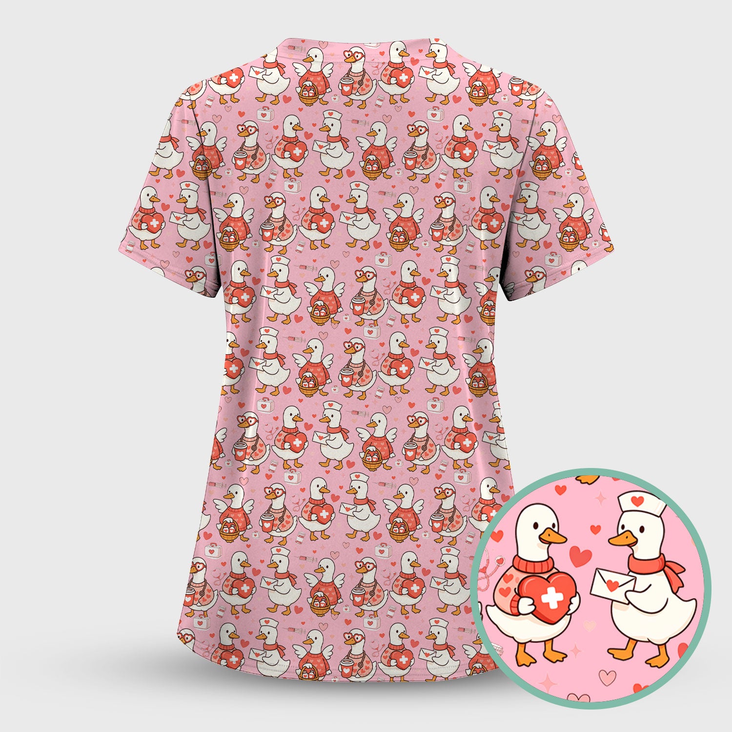 Valentine Goose Nurse Scrub Top, Heart Medical Pattern Nurse Shirt, Breathable Fabrics Nursing Uniform
