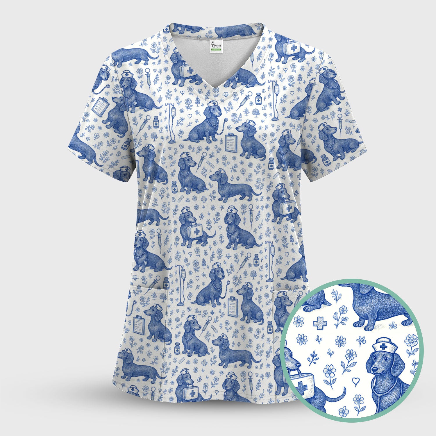 Vintage Dachshund Scrub Set - Artistic Dog Pattern Medical Scrubs - Cute Pet Lover Nurse Gift for Women