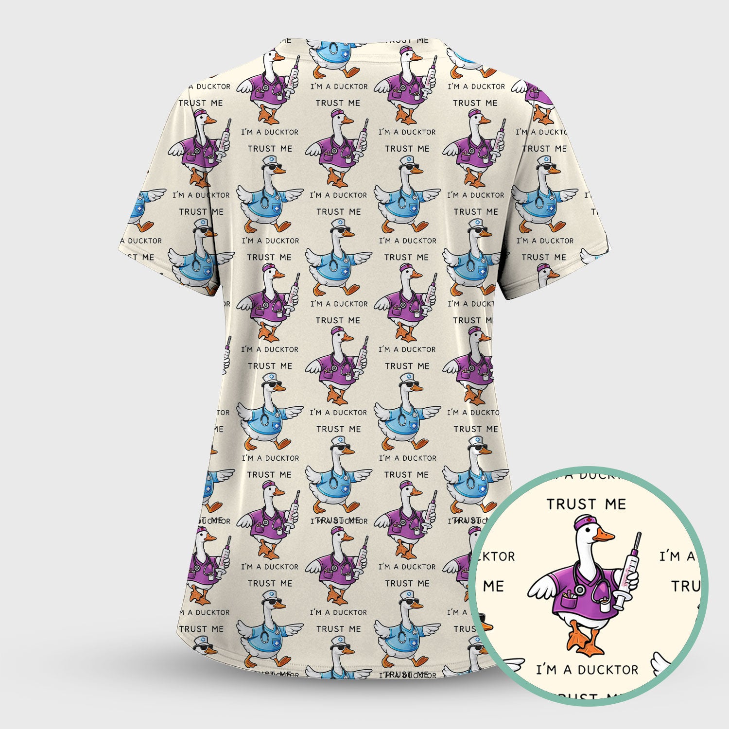 Funny Duck Cartoon Medical Pattern Scrub Top, Comfortable Scrubs for Nurses