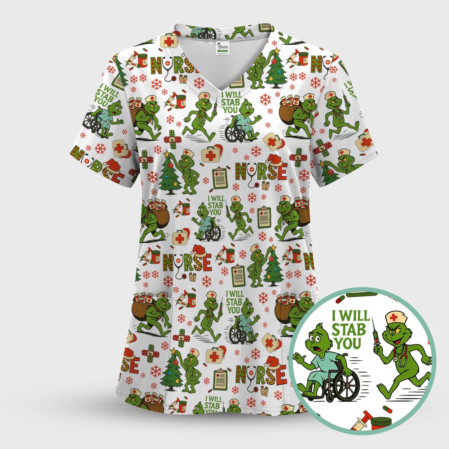 Christmas Nurse Scrub Shirt - Funny Grinch Scrub Top for Women Multi Color - Holiday Nursing Work Shirt with Pockets