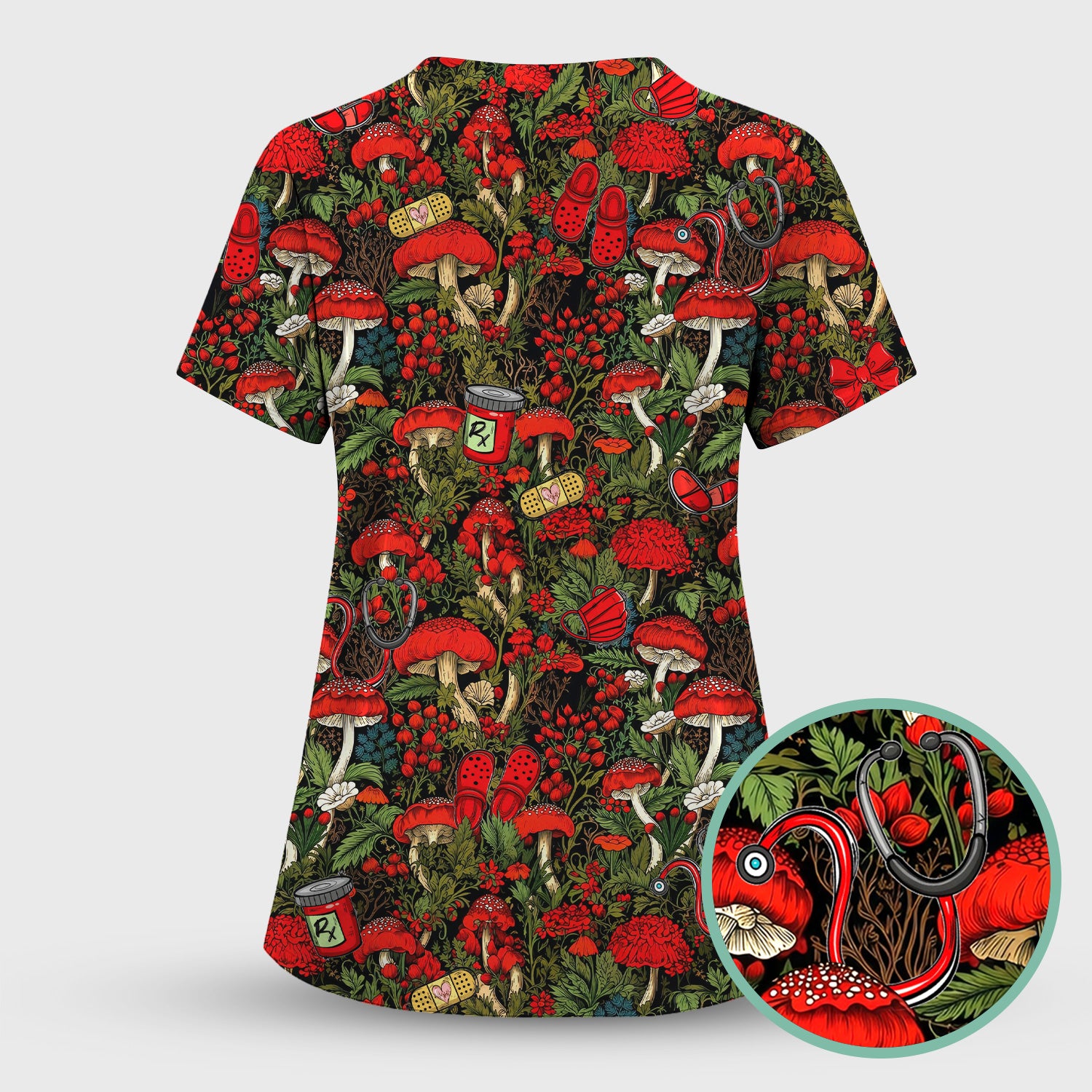 Red Mushroom Medical Forest Pattern Scrub Top, Comfortable Scrubs for Nurses