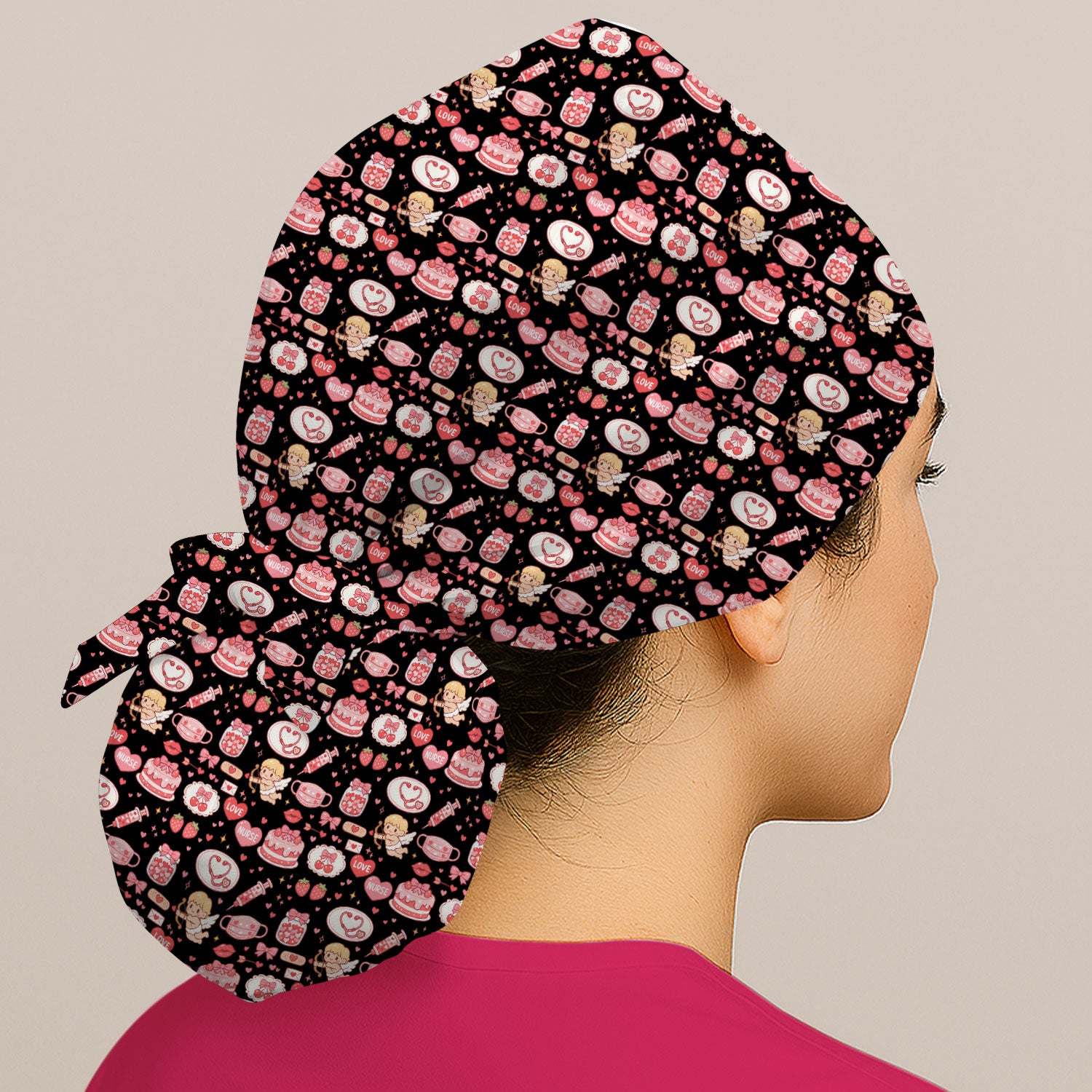 Cupid Nurse Scrub Cap, Cute Love Medical Pattern Hat For Valentine, Breathable Fabrics Nursing Uniform