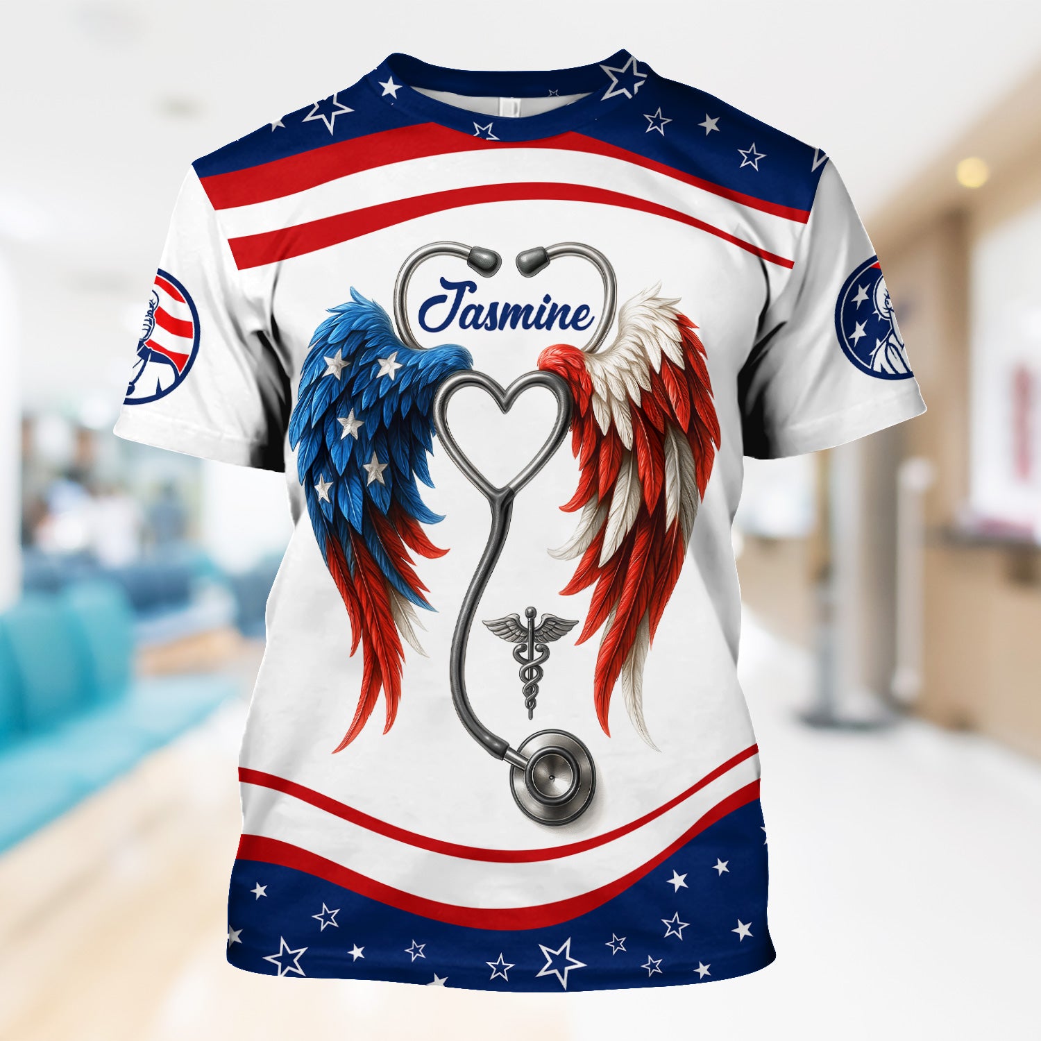Personalized Nurse Shirt - American Flag Angel Wings & Scrubs Design - Patriotic Gift for RN LPN CNA Women
