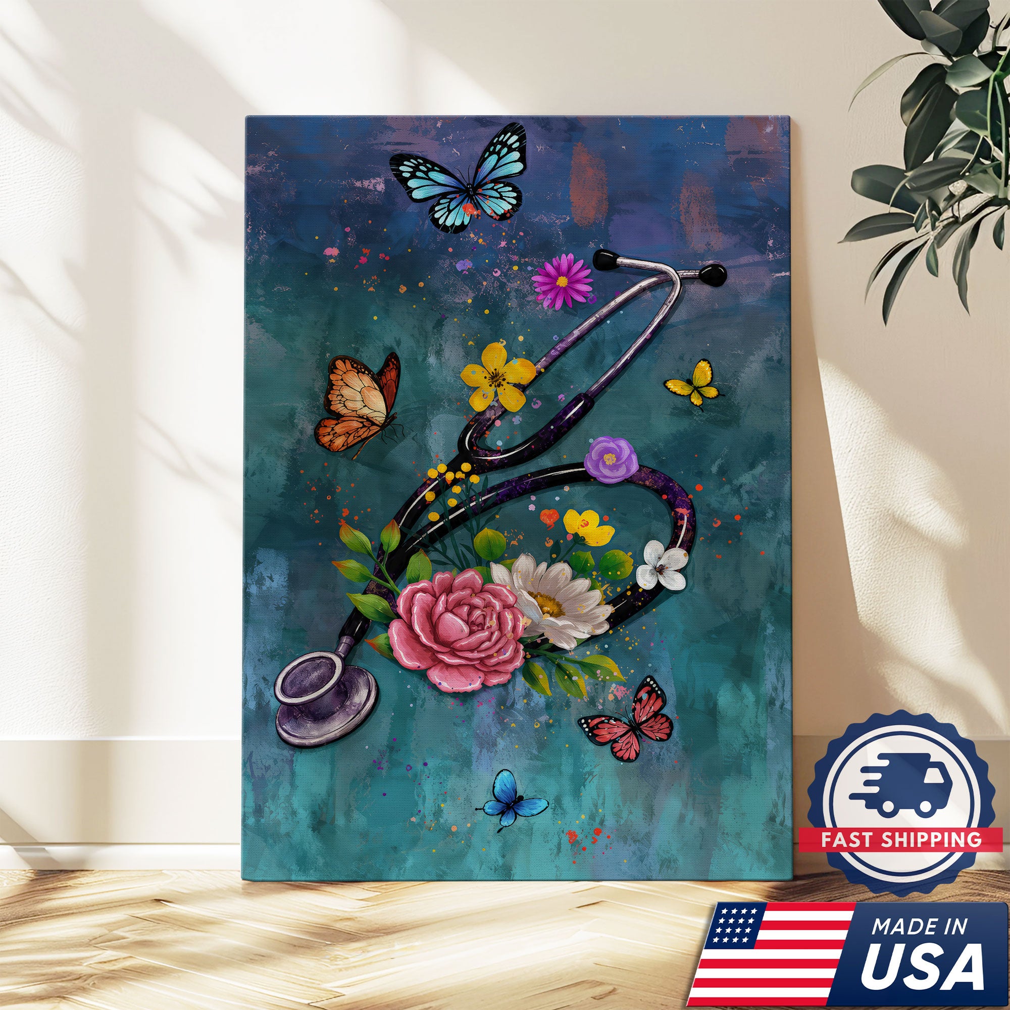 Butterfly Floral Stethoscope Nurse Canvas Wall Art for RN, CNA, Healthcare Office Decor