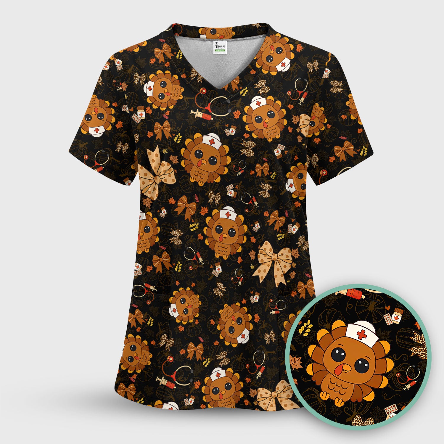 Thanksgiving Turkey Scrub for Nurses - Breathable Fabrics Nursing Uniform - Autumn Med Shirt Gift for Women