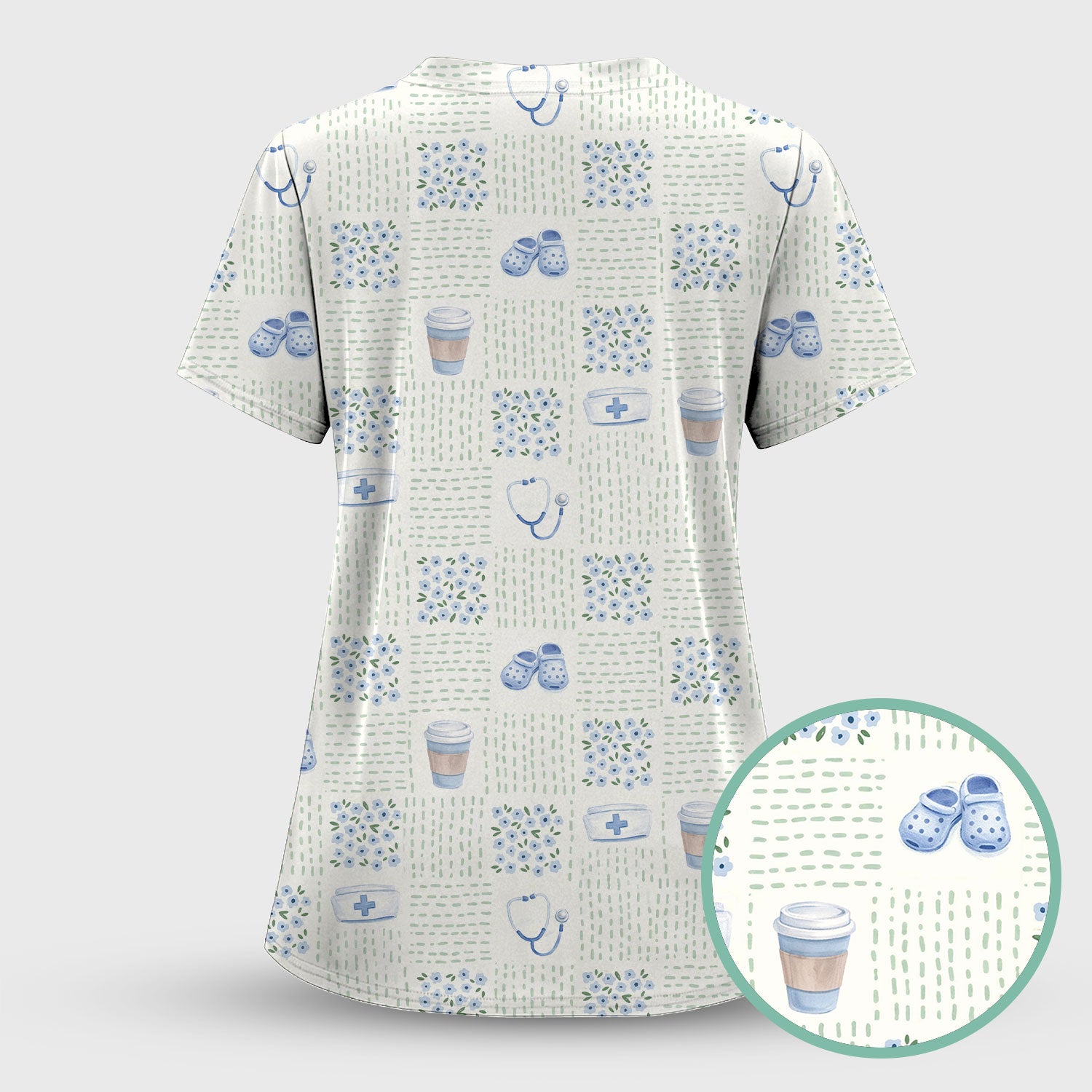 Cute Medical Essentials Pattern Scrub Set, Scrub Pants and V Neck Top