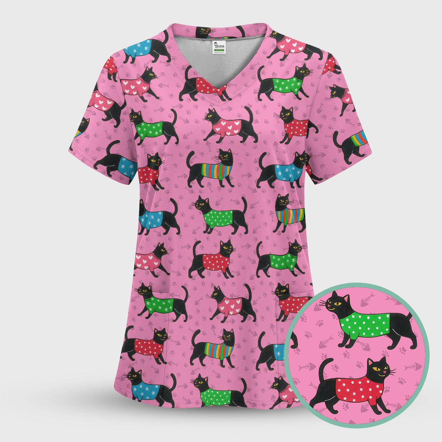 Cat Scrub Top for Women - Cute Black Cat Print Nurse Shirt - Colorful Kitty Medical Scrubs Gift for CNA RN Doctor