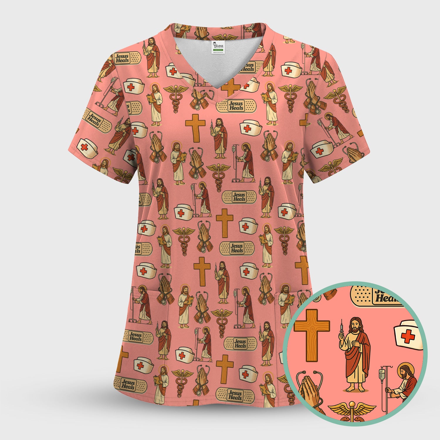 Christian Nurse Faith Scrub Top - Jesus Heals Quote & Religious Medical Pattern - Multiple Color Options Gift for RN LPN CNA