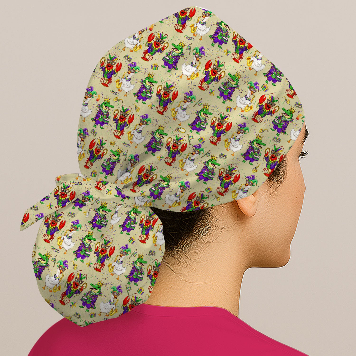 Crawfish And Duck Carnival Scrub Cap, Mardi Gras Parade Pattern Nurse Hat, Breathable Fabrics Nursing Uniform