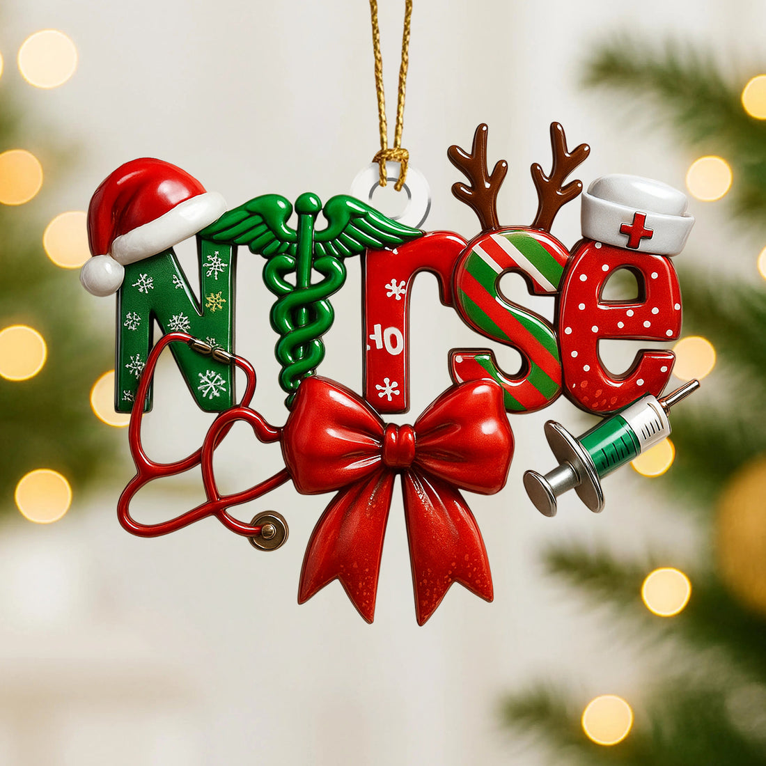 Funny Nurse Christmas Ornament, Xmas Medical Ornament with Stethoscope and Syringe, Holiday Gift for RN, LPN, CNA, Doctor