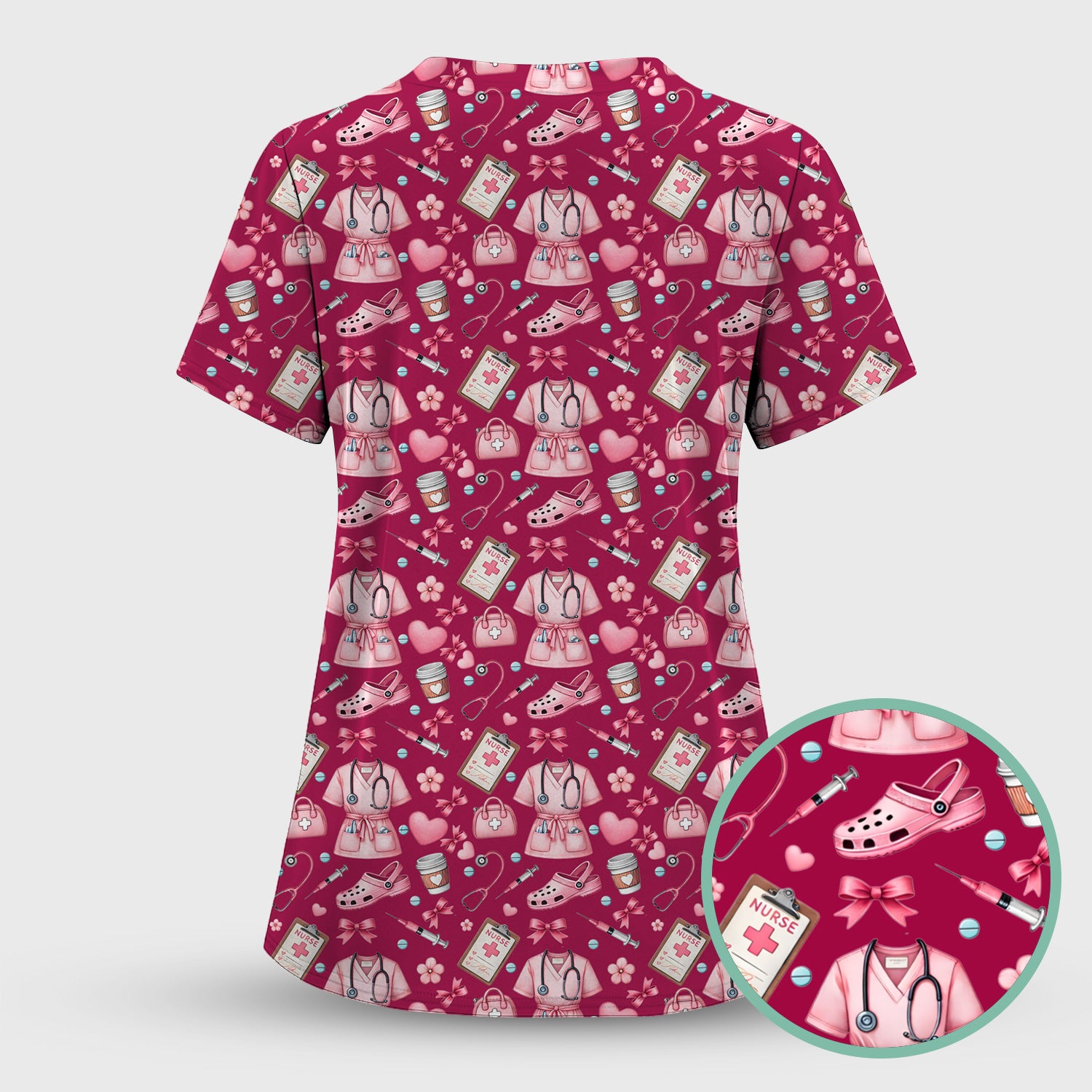 Valentine Pink Nurse Icons Print Scrub Top, Comfortable Scrubs for Nurses
