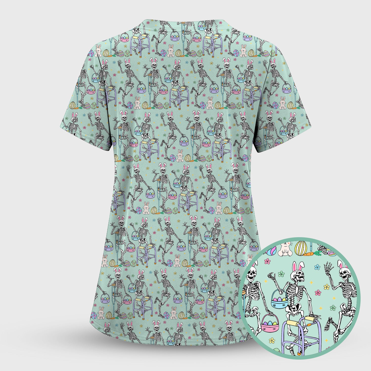 Fun Skeleton Bunny Easter Print Scrub Top, Comfortable Scrubs for Nurses