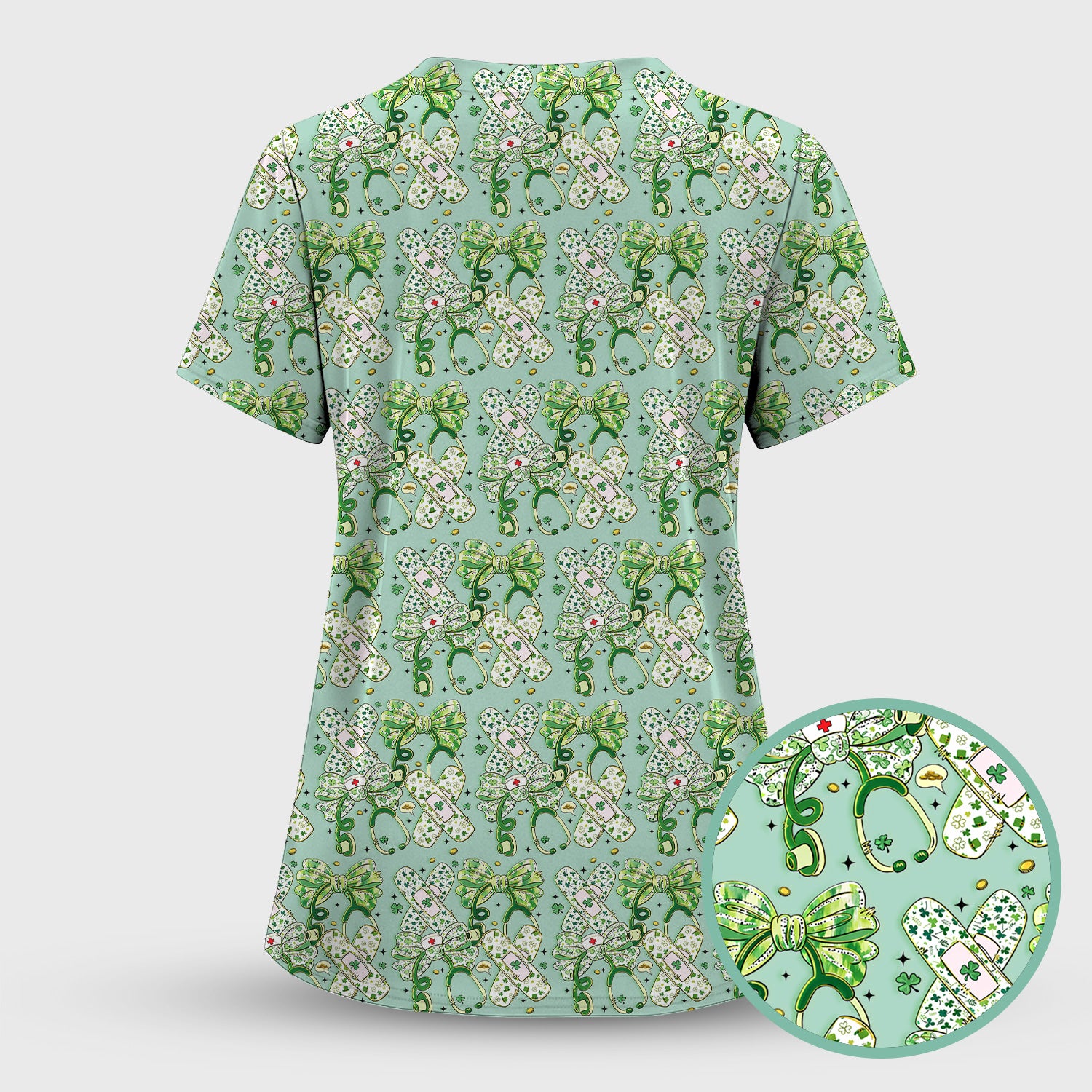 St Patrick Shamrock Stethoscope Bow Print Scrub Set, Breathable Med Uniform