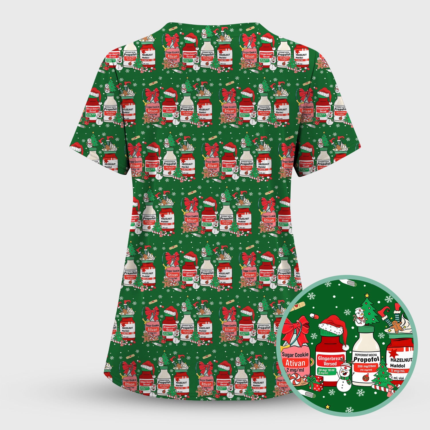 Funny Christmas Medication Scrub Top – Festive Holiday Pharma Bottles Pattern – Playful Medical Uniform for Nurses, Pharmacists & Healthcare Workers