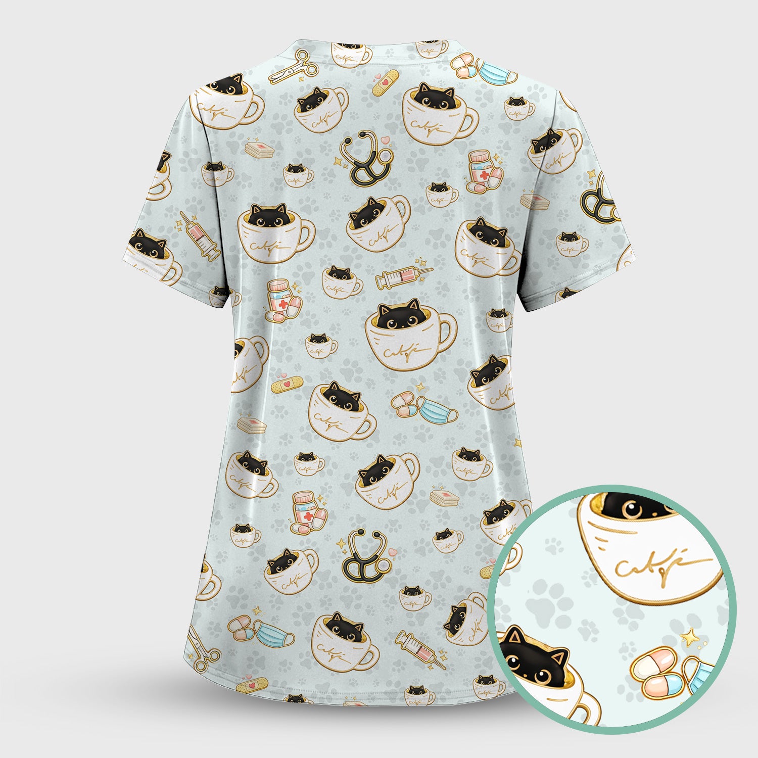 Cute Coffee Cat Medical Print Scrub Top, Breathable Fabrics Nursing Uniform