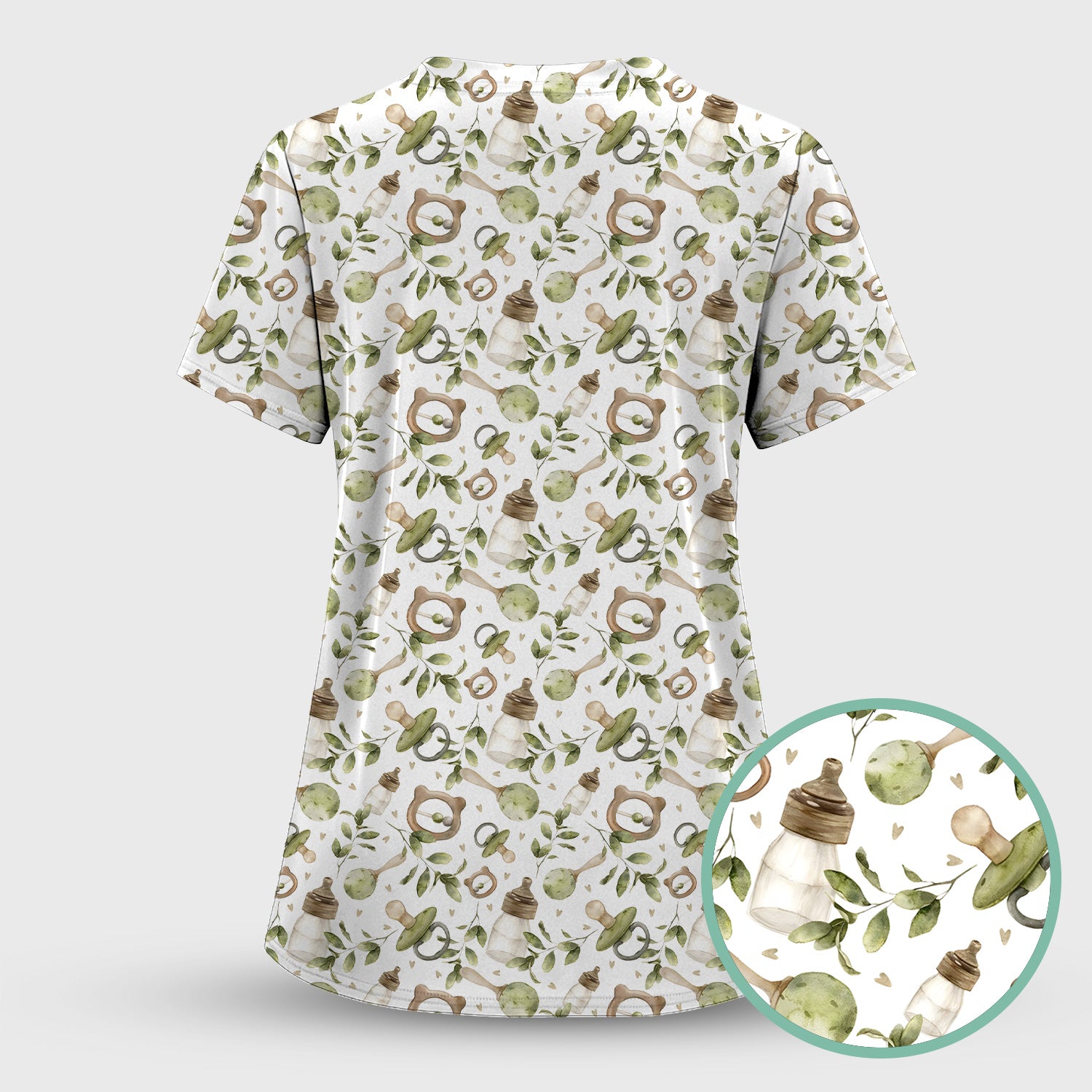 Cute Baby Bottle and Greenery Pattern Scrub Top, Breathable Fabrics Nursing Uniform