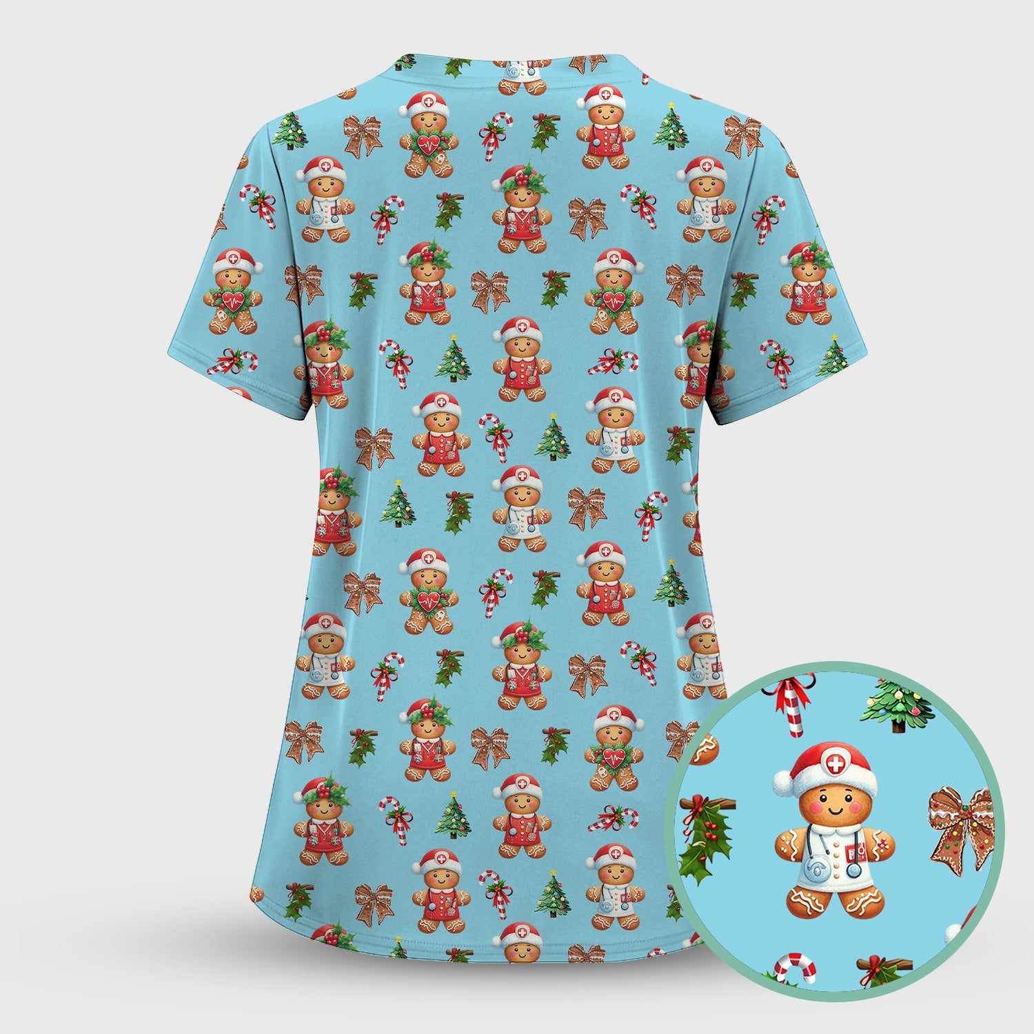 Funny Gingerbread Christmas Scrub Top - Cute Cookie with Bow Shirt - Festive Holiday Scrubs for Women