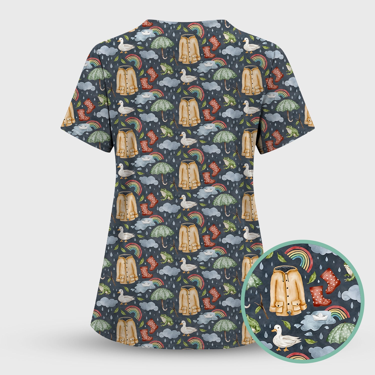 Cute Rainy Day Ducks & Frog Rainbow Pattern Scrub Top, Colorful Gothic Nurse Scrubs Uniform