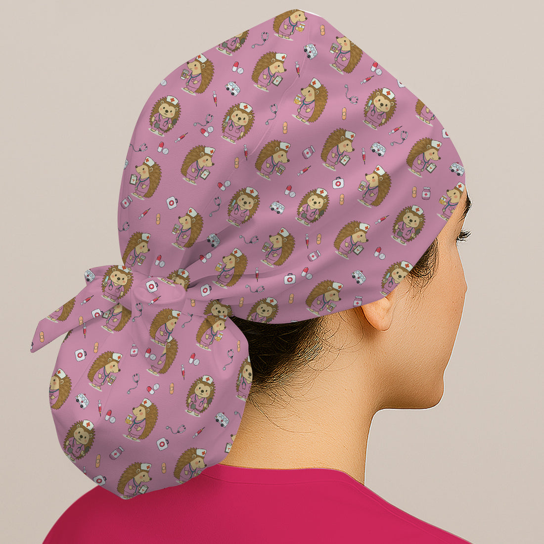 Cute Nurse Animal Scrub Cap - Cute Hedgehog with Coffee & Stethoscope Design - Gift for Healthcare Workers & Vet Techs