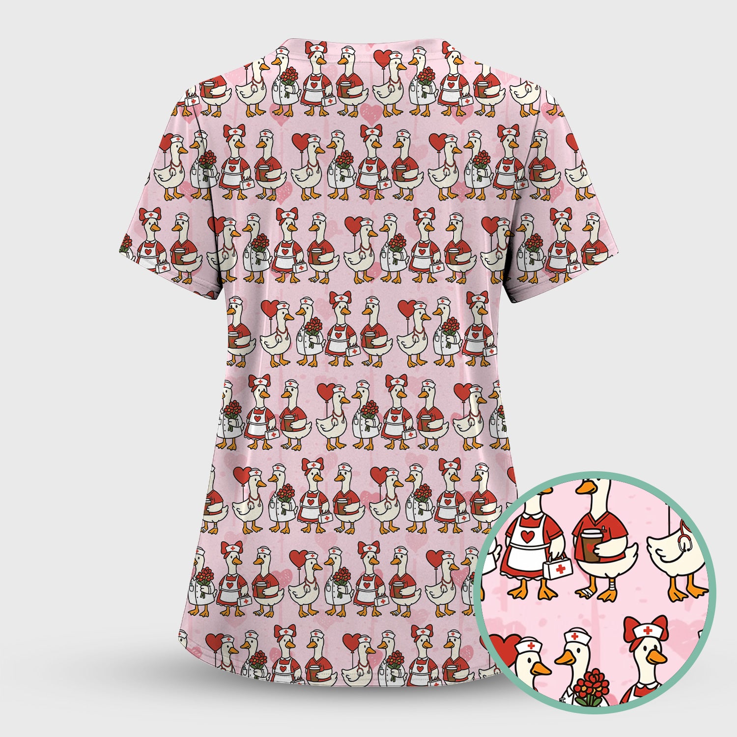 Valentine Nurse Goose with Heart Pattern Scrub Set, Scrub Pants and V Neck Top