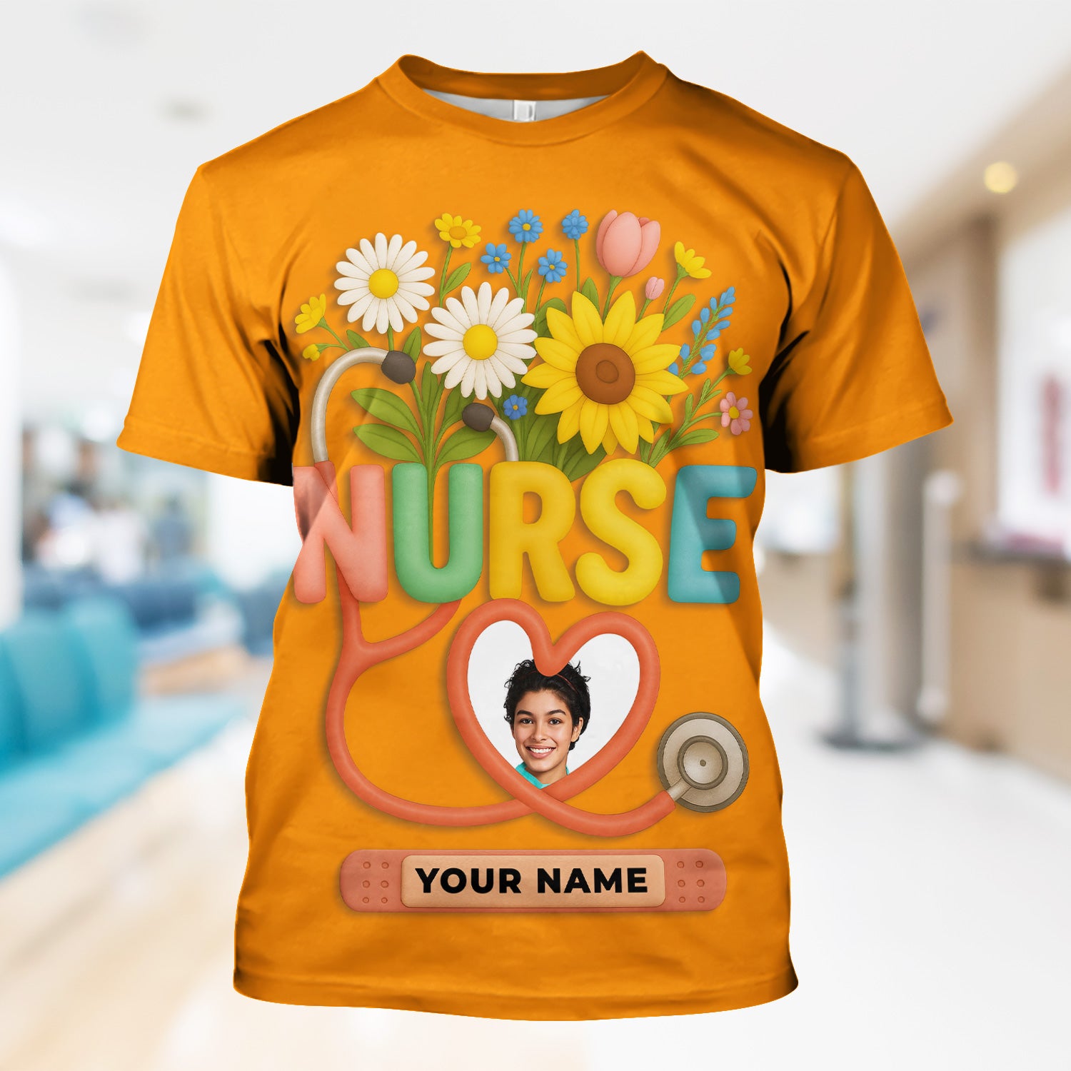 Nurse Appreciation Shirt for CNA RN LPN - Floral Heart Stethoscope Design - Custom Photo & Name Gift for Women Healthcare Workers - Multiple Shirt Colors Available