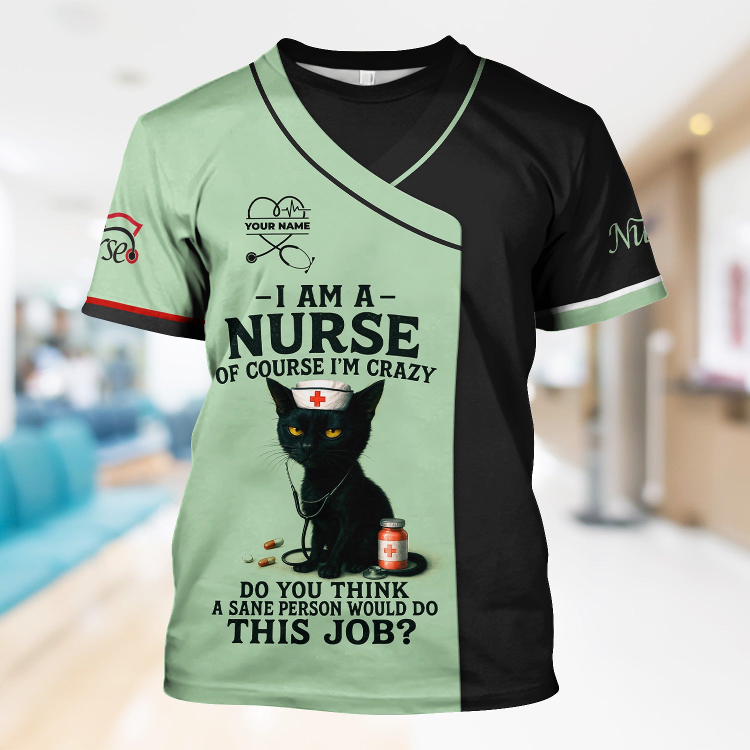 Funny Nurse Scrub Shirt with Black Cat Quote Design - Multiple Color Options Available - Gift for RN CNA LPN Healthcare Workers