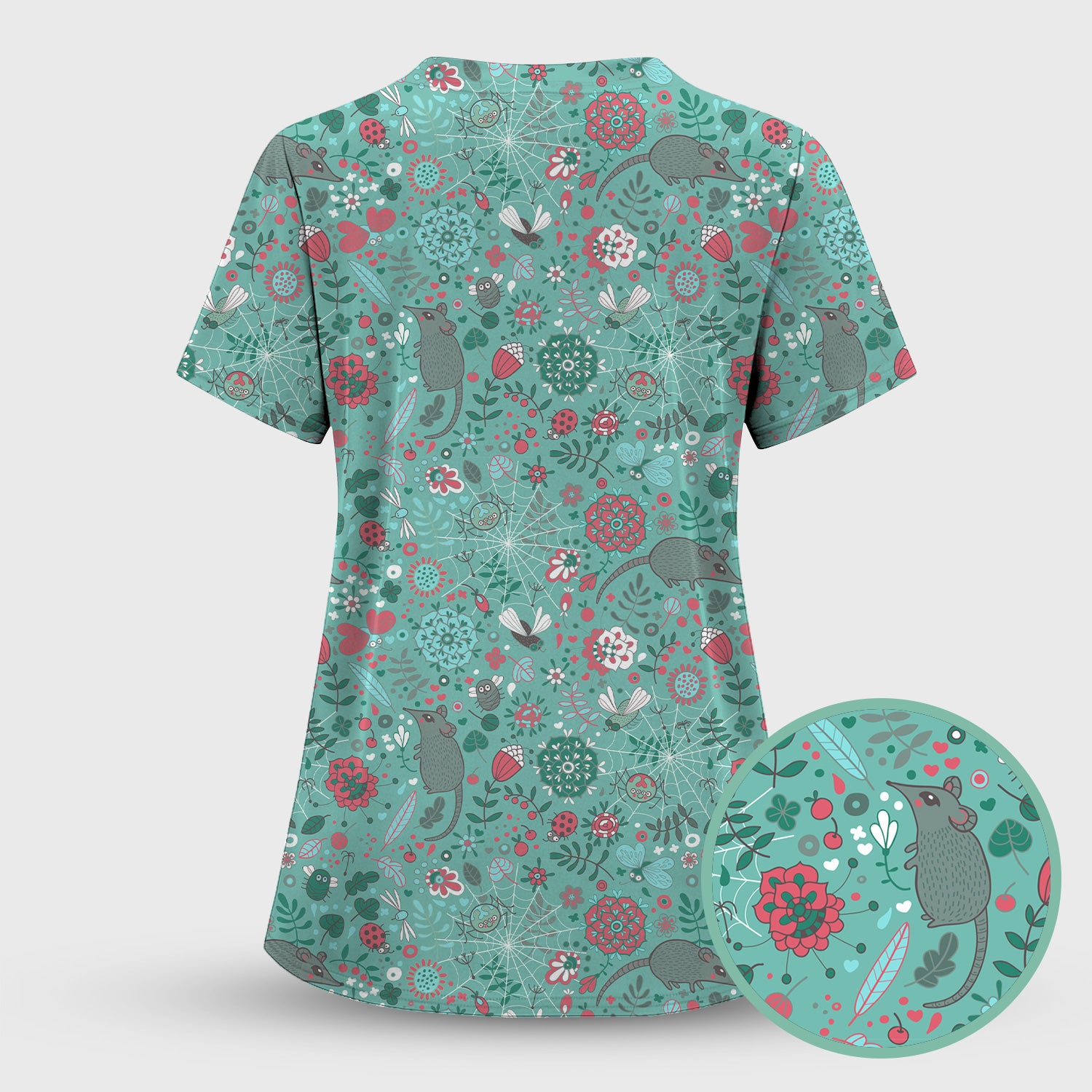 Woodland Mouse Floral Pattern Scrub Set, Breathable Med Uniform